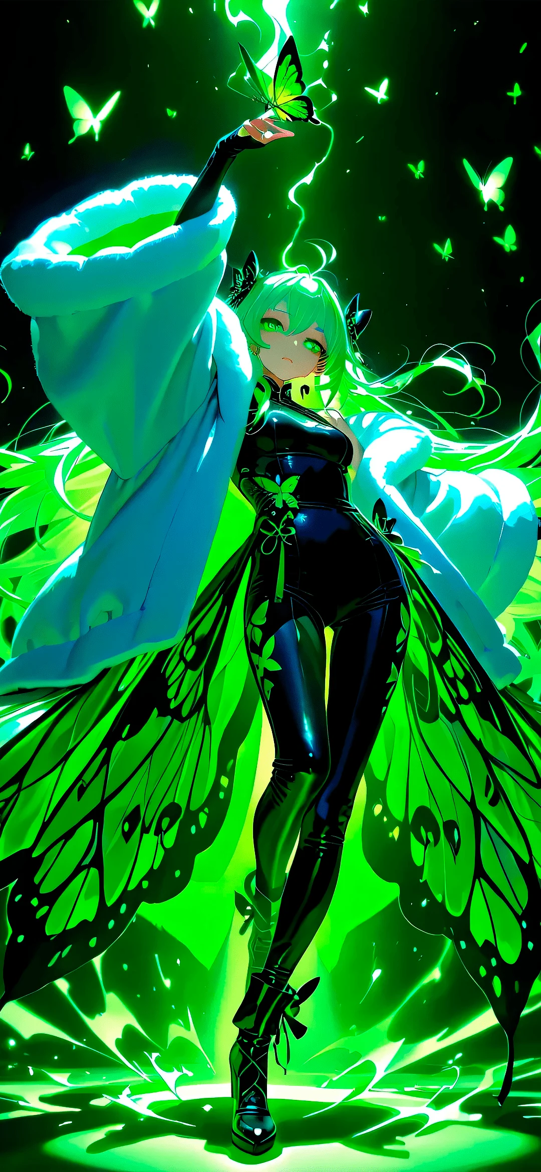 Anime girl with green aura and butterfly
