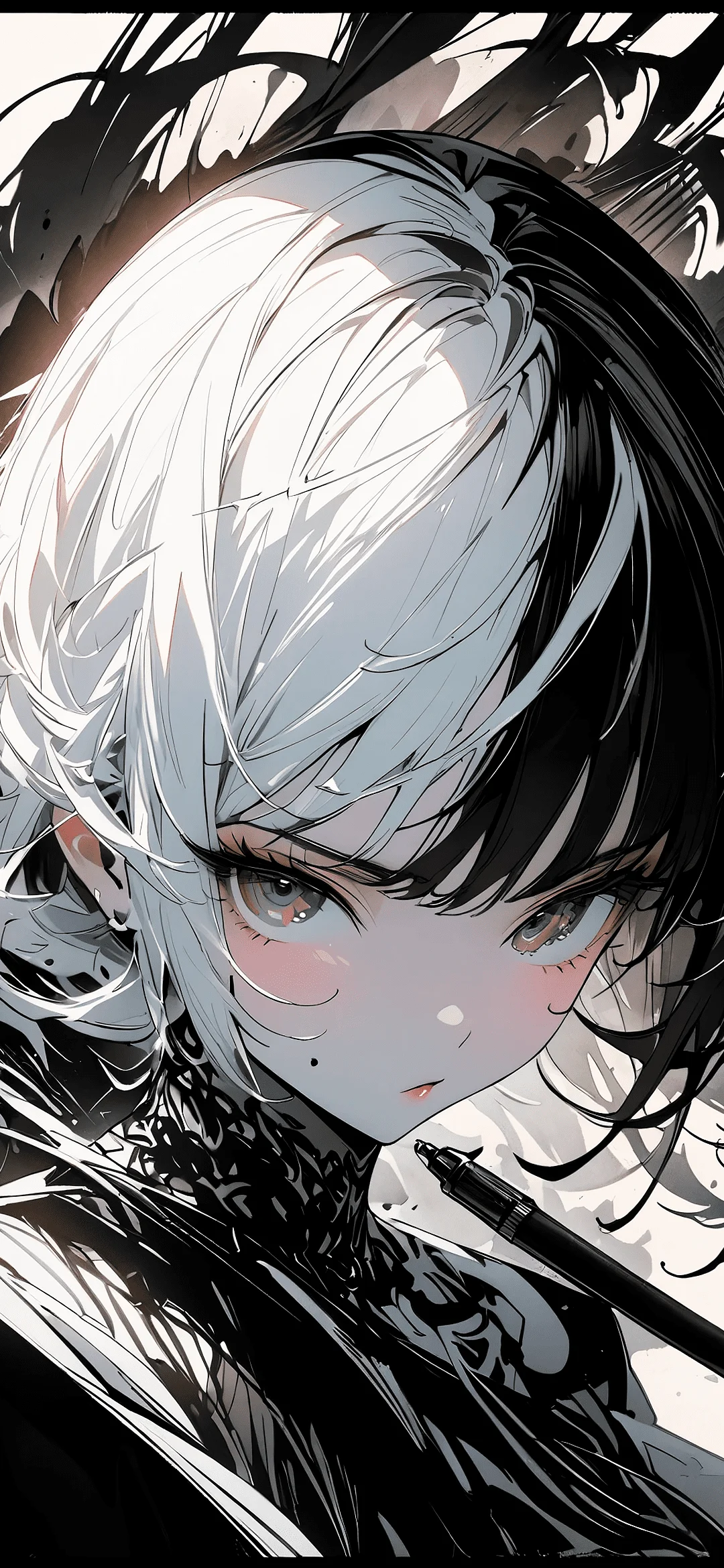 Portrait of an anime girl with black and white hair