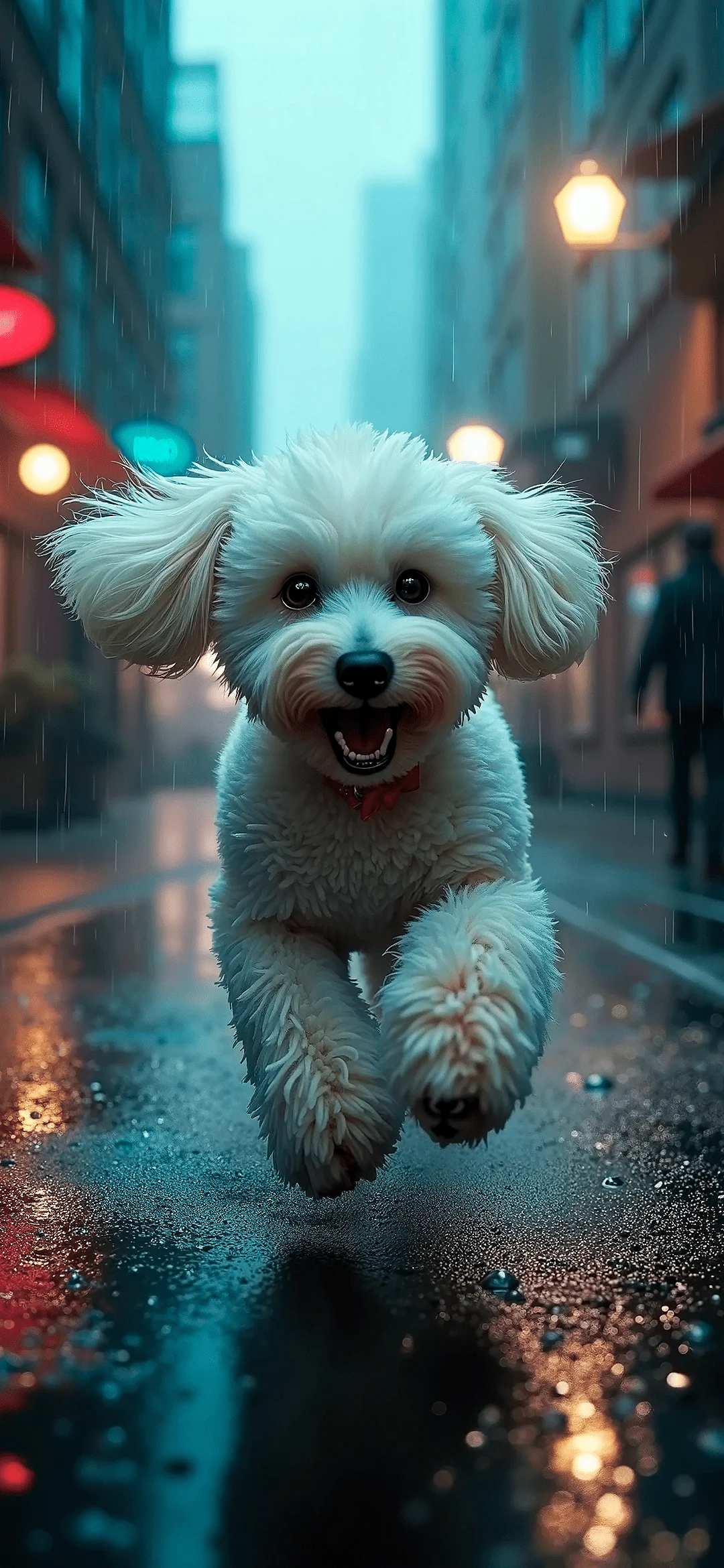 White curly dog ​​runs in the rain