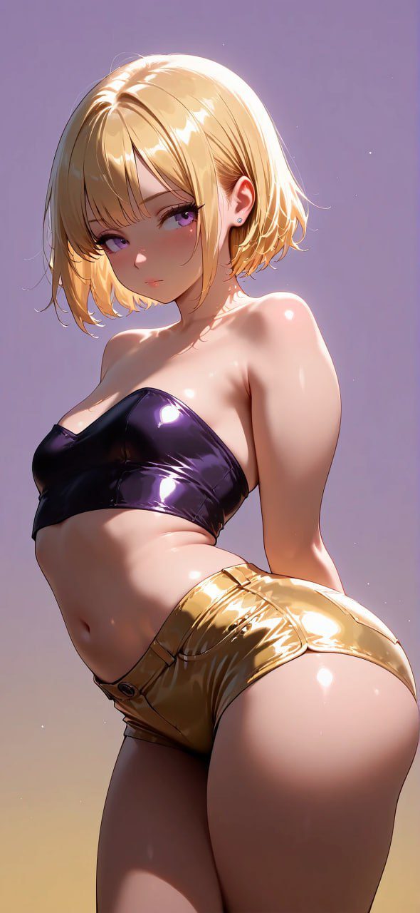 An anime woman wearing a purple top and gold shorts