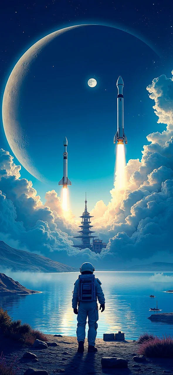 An astronaut watches rockets take off