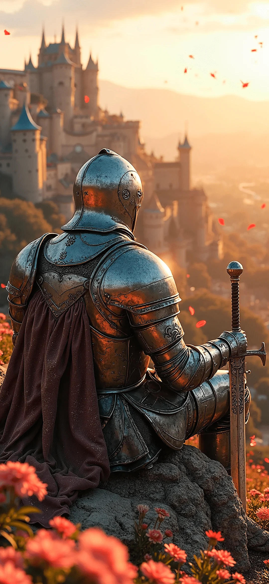 Iron knight with a sword in flowers