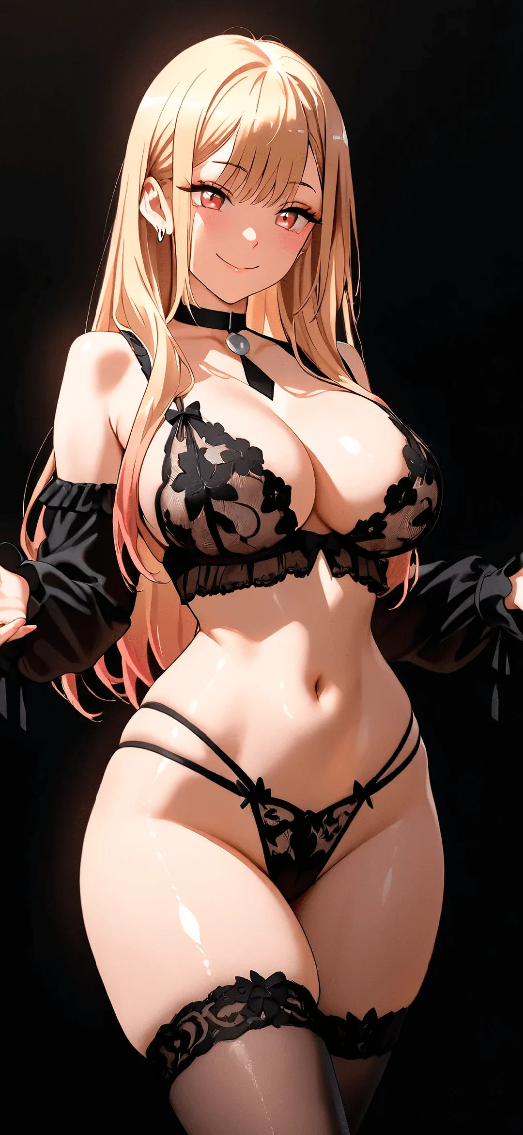 Anime blond woman with sexy black underwear