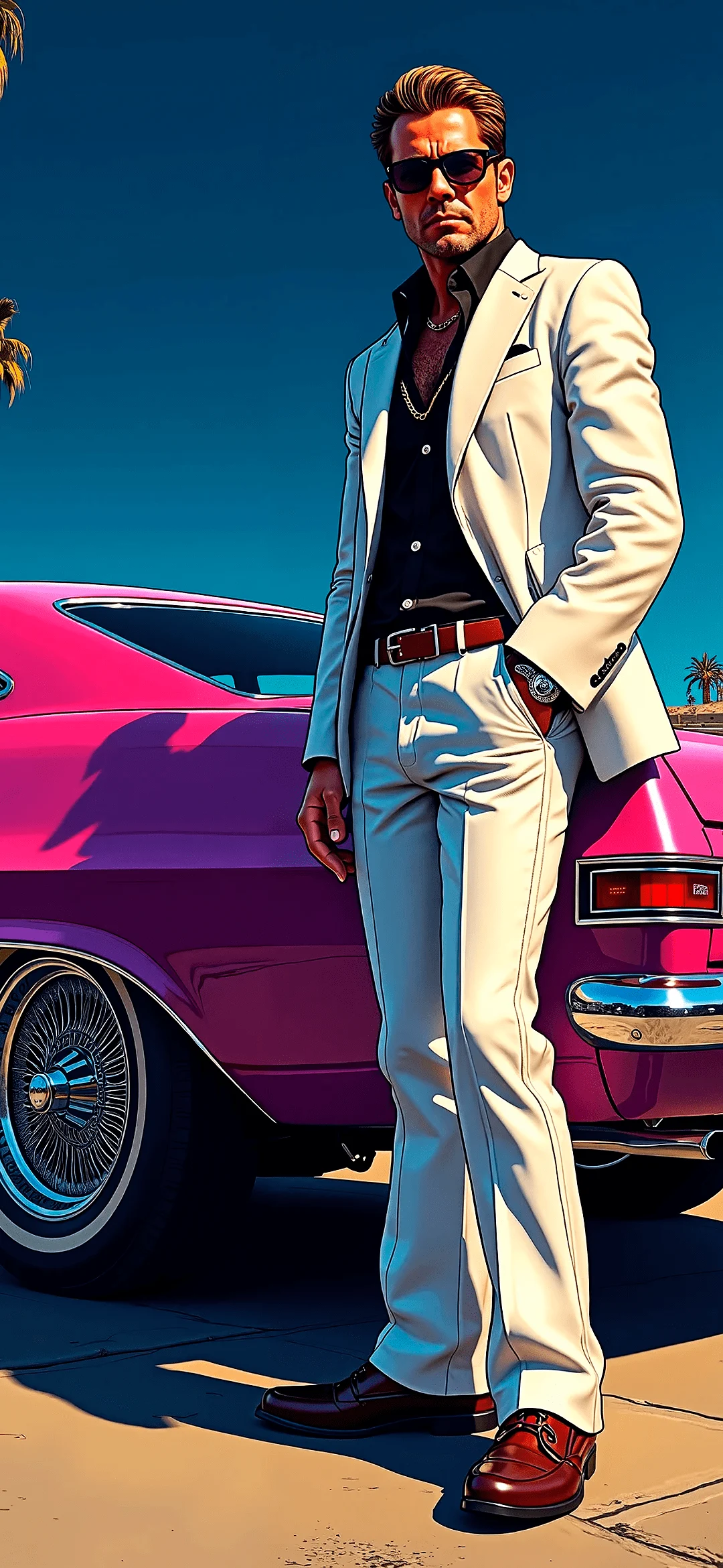 A man in a white suit near a car in GTA style