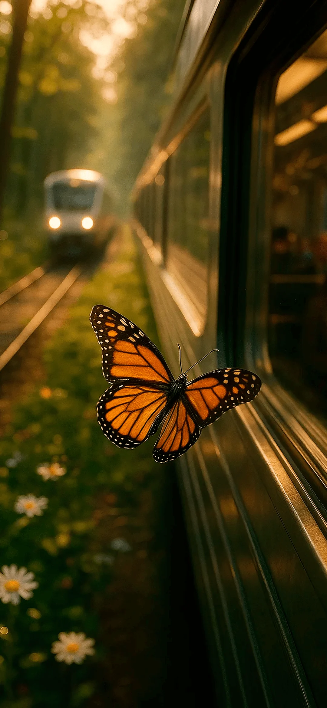 A butterfly near a train