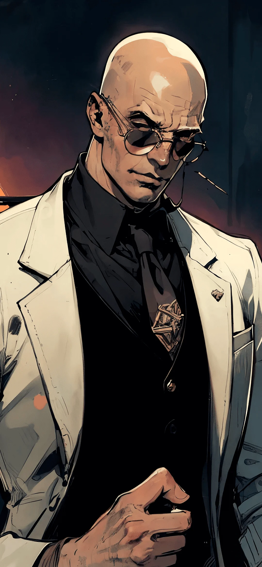 Anime bald man in a white suit