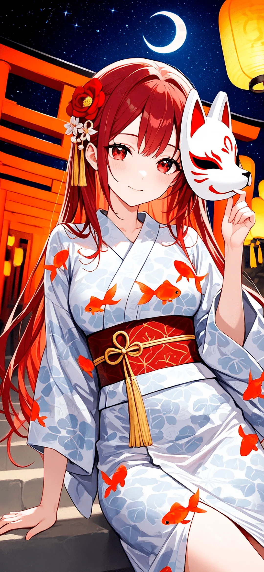 Anime girl in a kimono with a fox mask