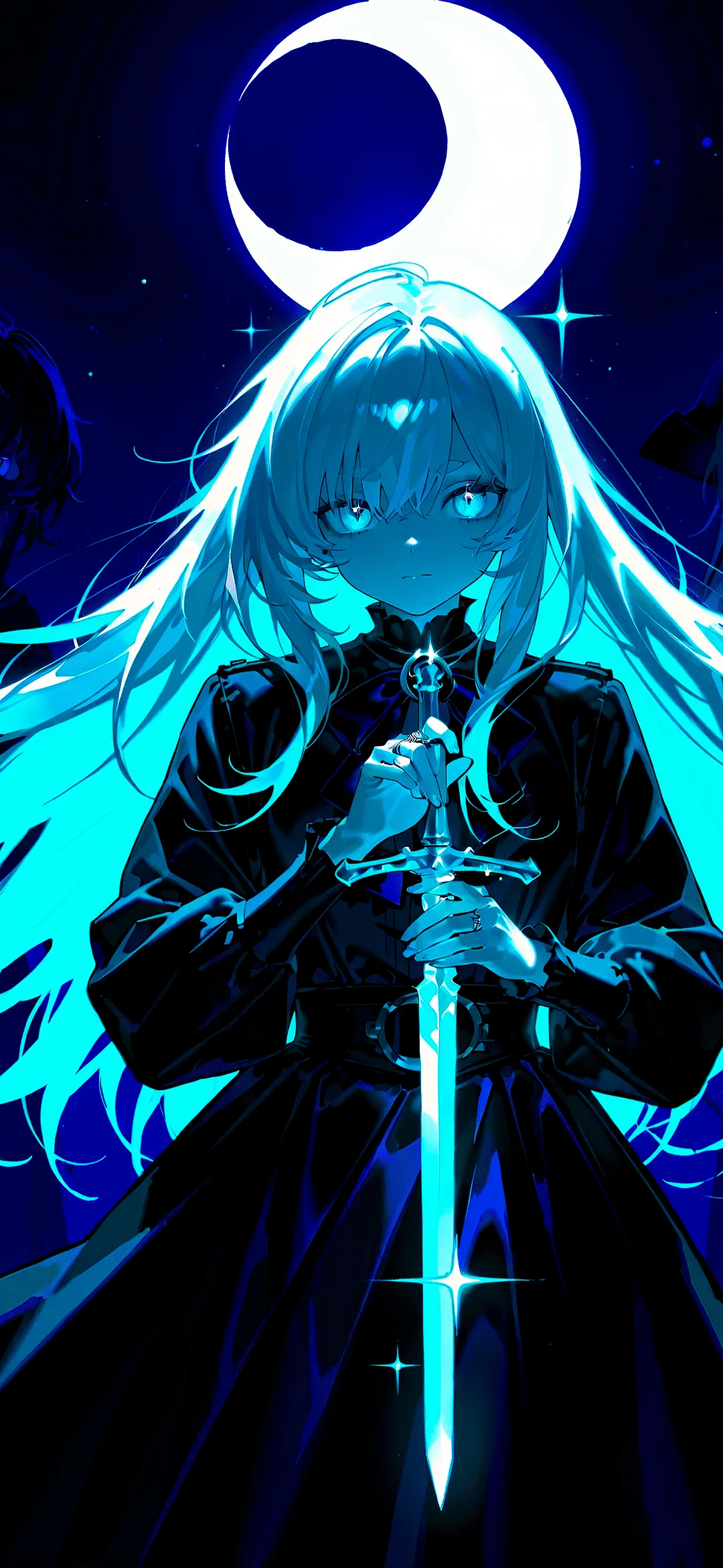 Anime girl with a sword under the moon