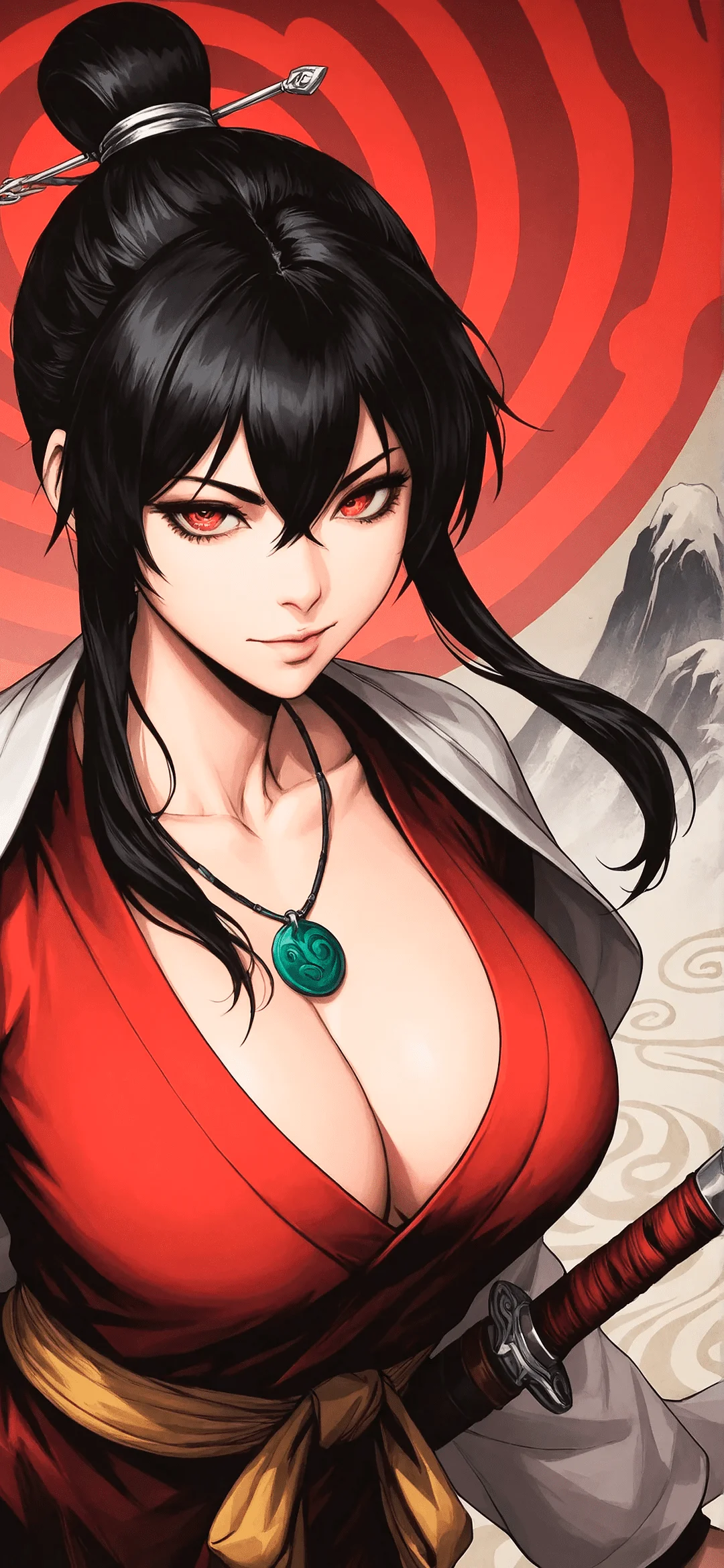Anime woman with a katana in a red kimono