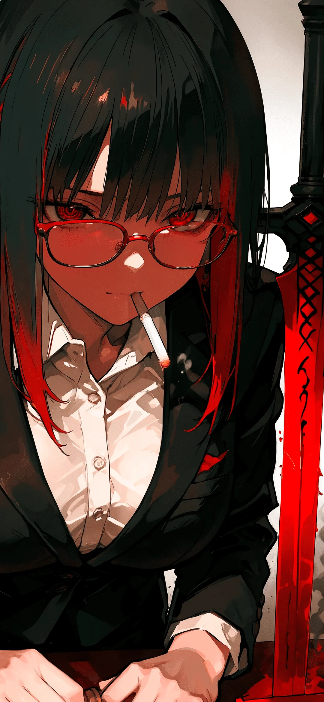 Anime girl with a cigarette and a red sword