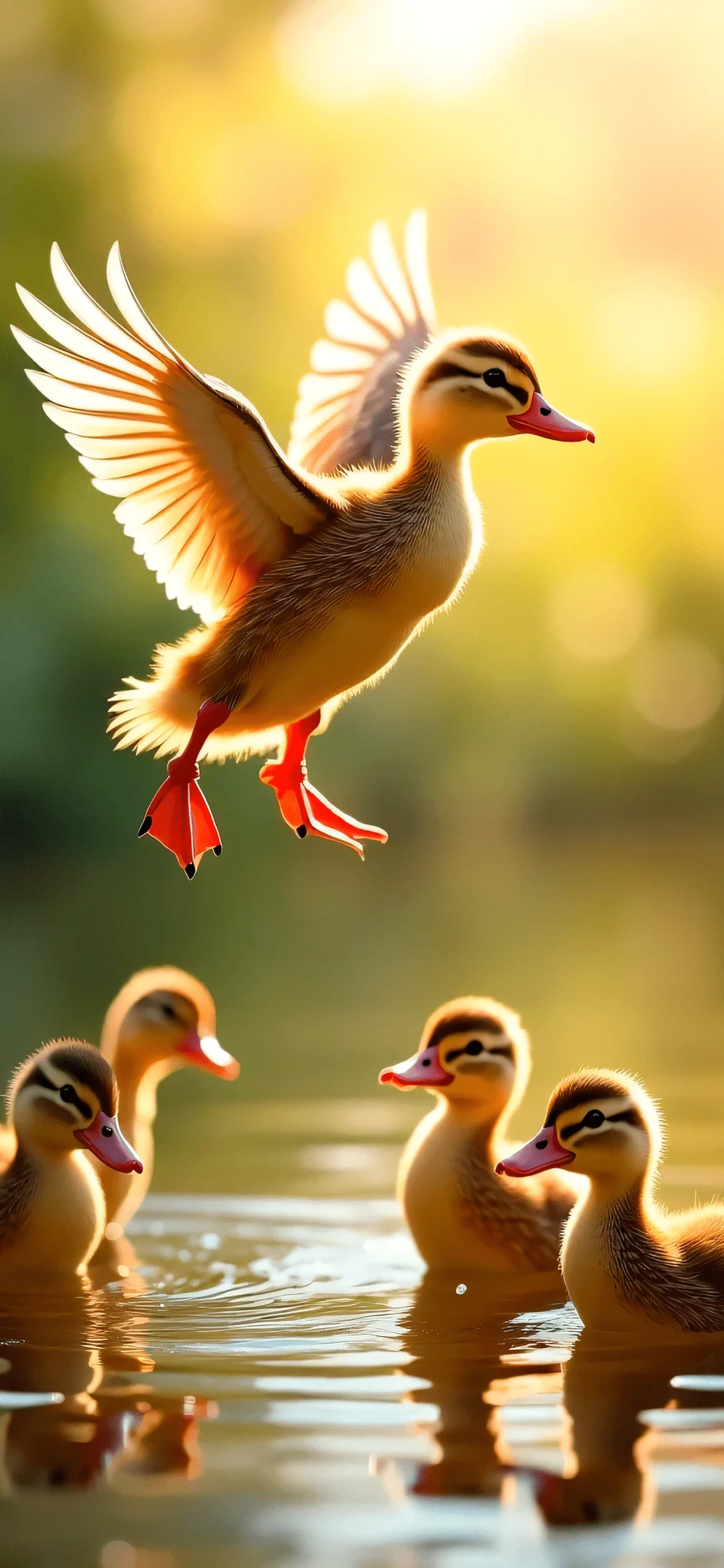 The duck jumps into the water