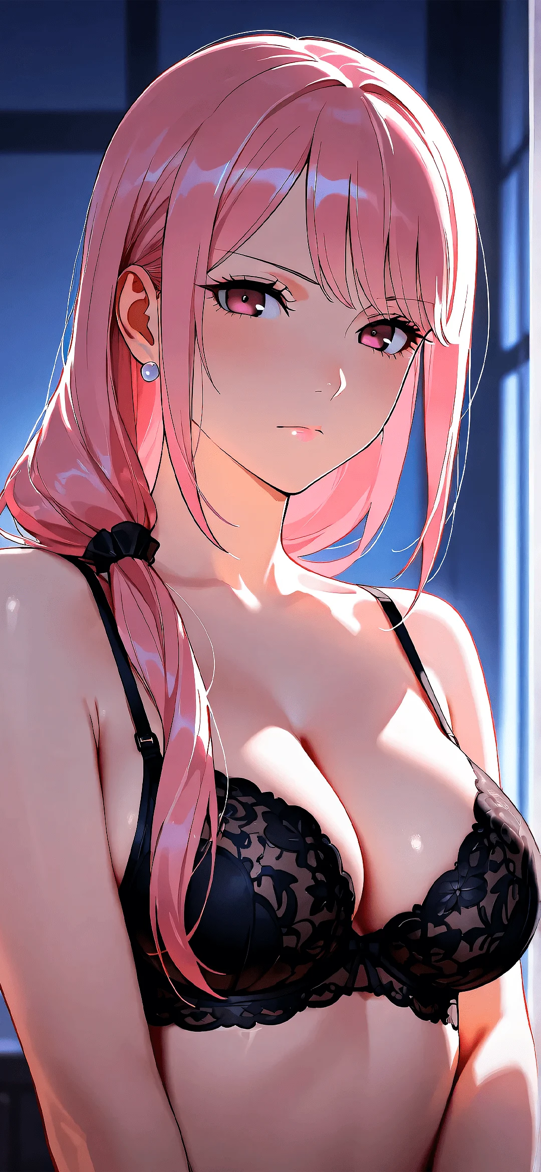 Anime woman with pink hair and a black face