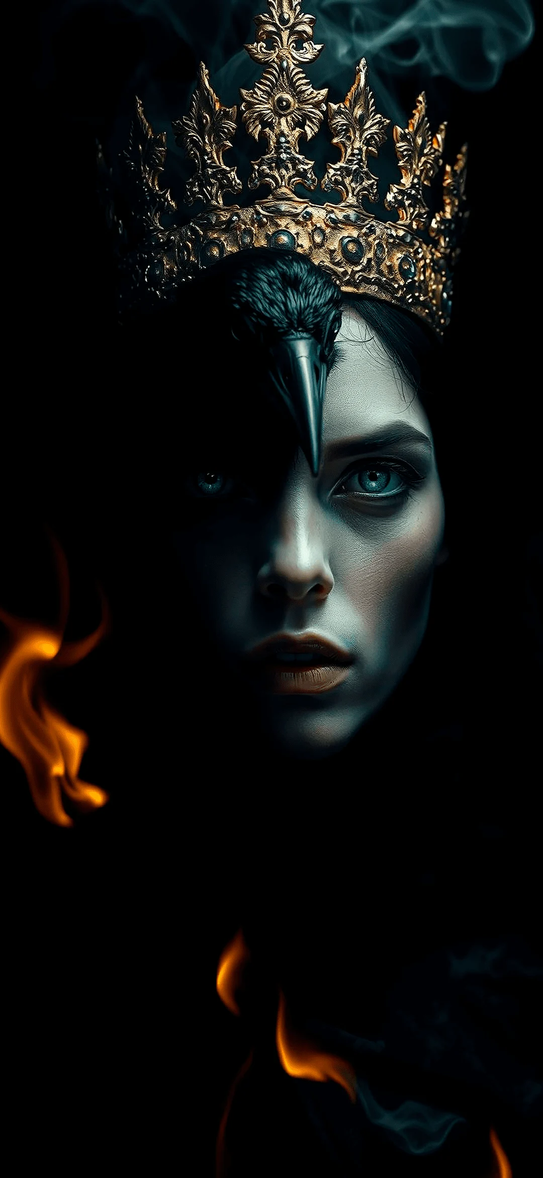 Portrait of a girl with a crown and a raven