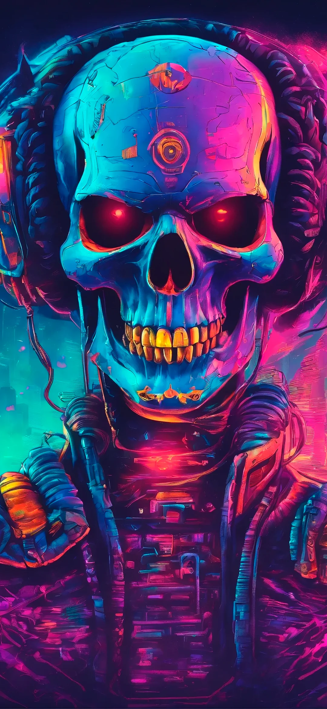 Skeleton face with headphones neon