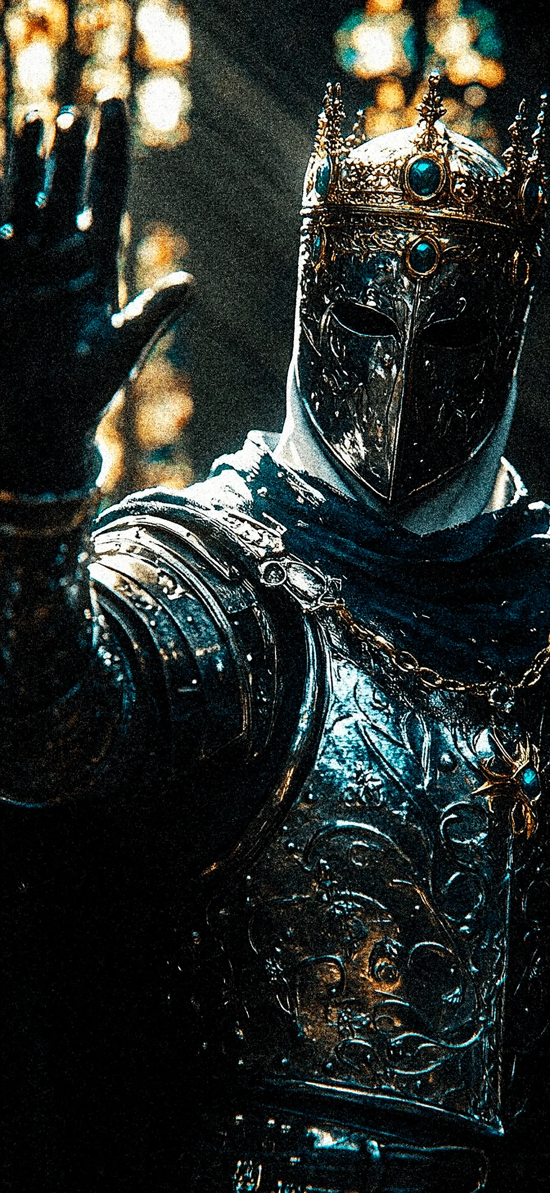 Knight in shining armor raising a gauntleted hand in greeting, set against a classic castle or battlefield background