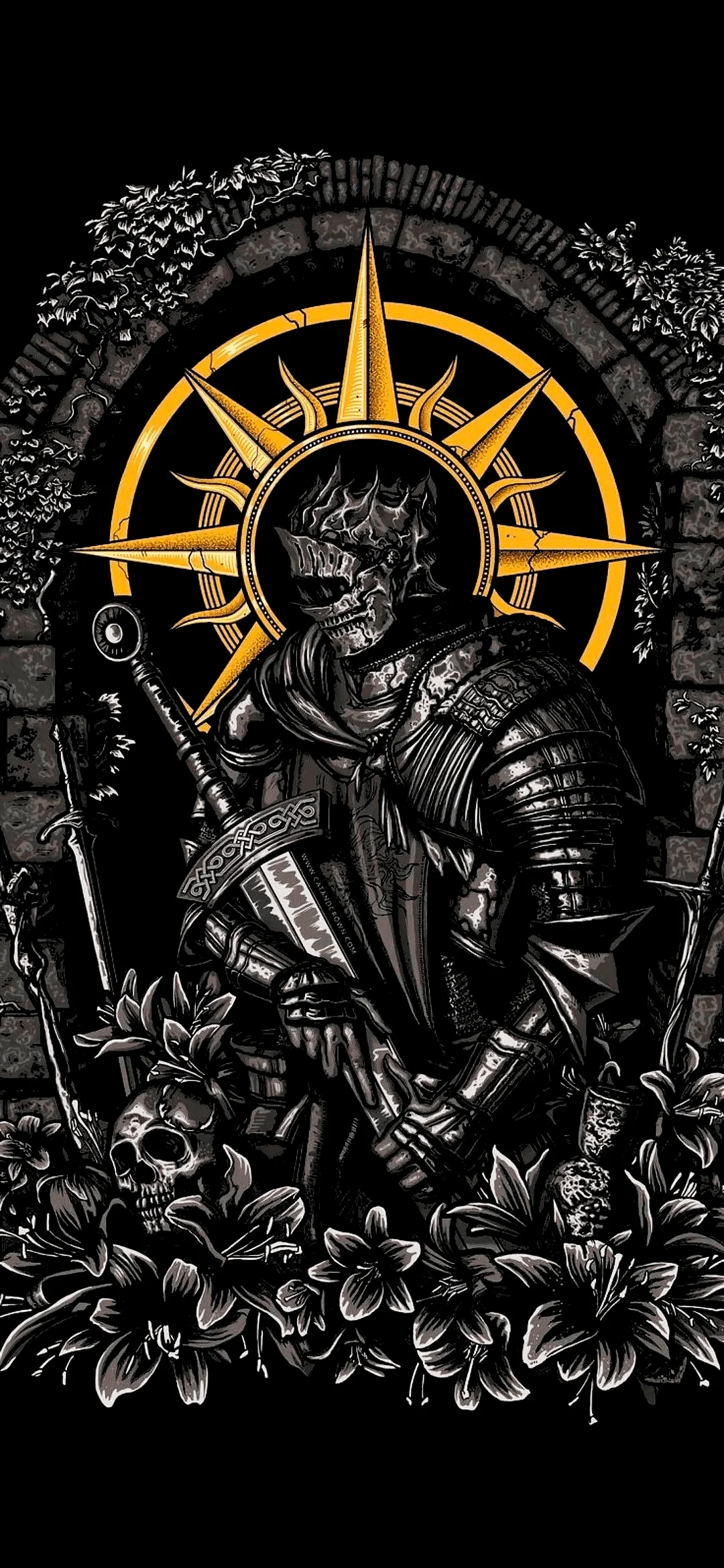A knight in armor on a black background