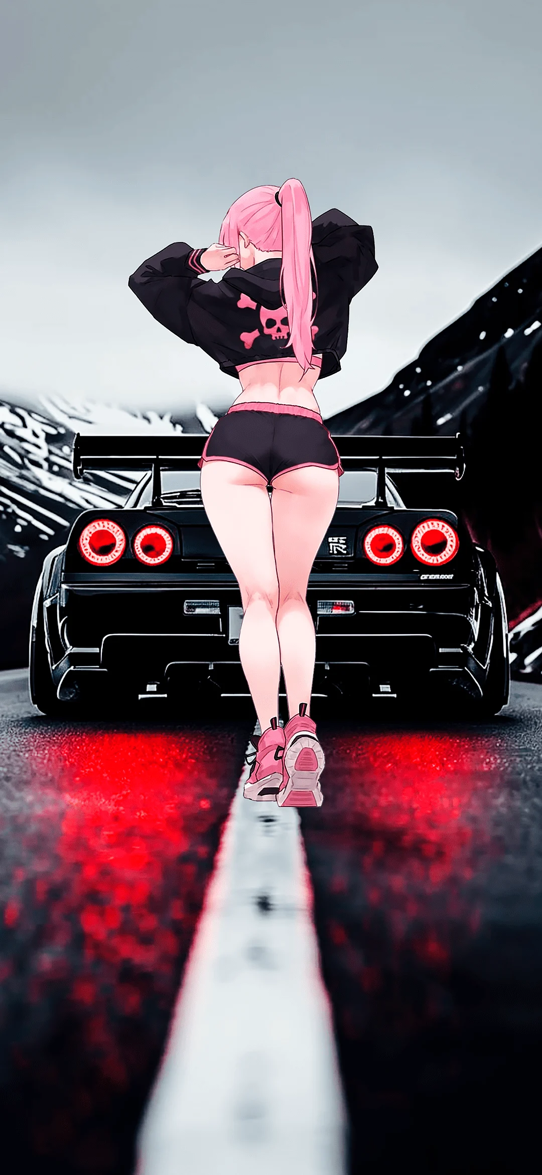 Anime girl with colorful hair and stylish outfit standing in front of a blue Nissan Skyline sports car in an urban setting