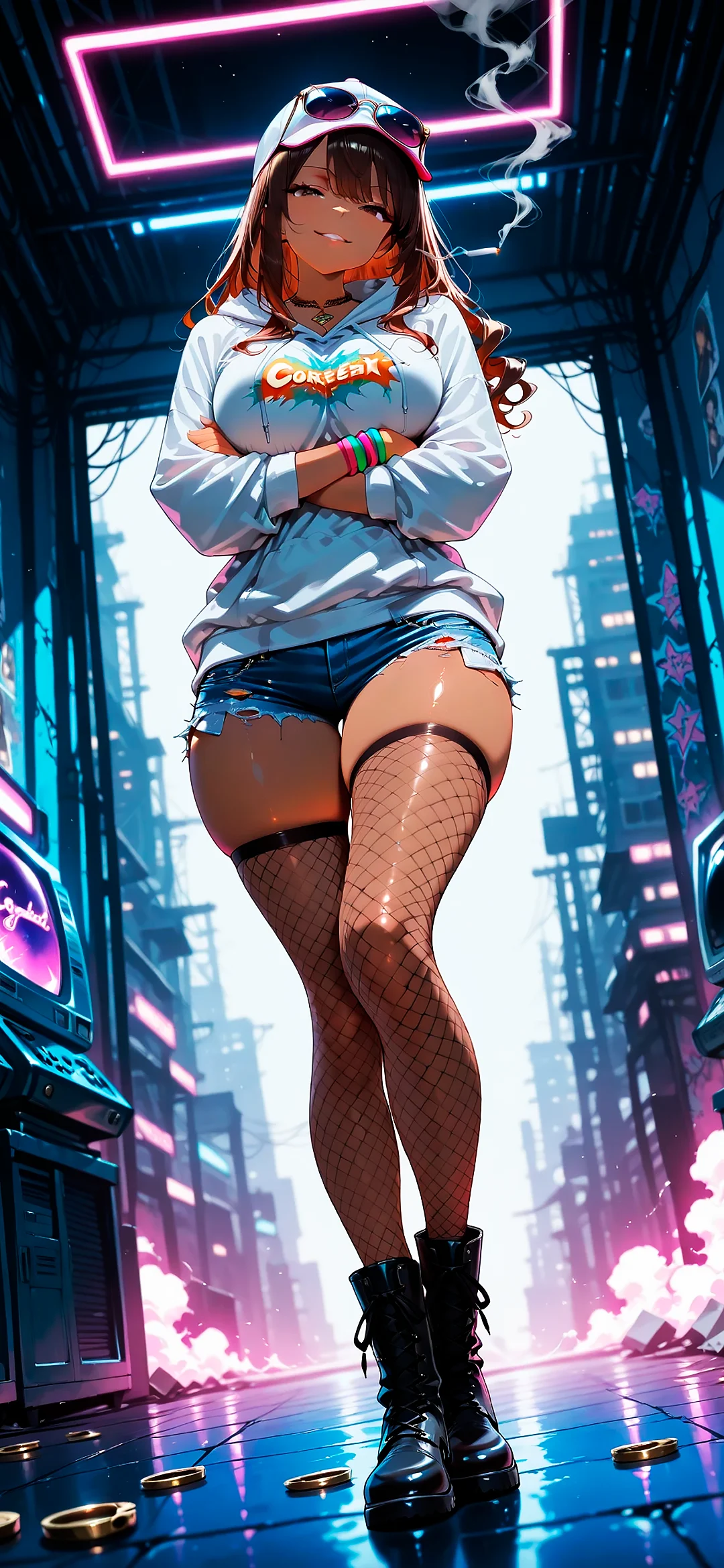 Anime girl in short denim shorts and a casual top, stylish pose and cheerful expression in a bright, colorful setting