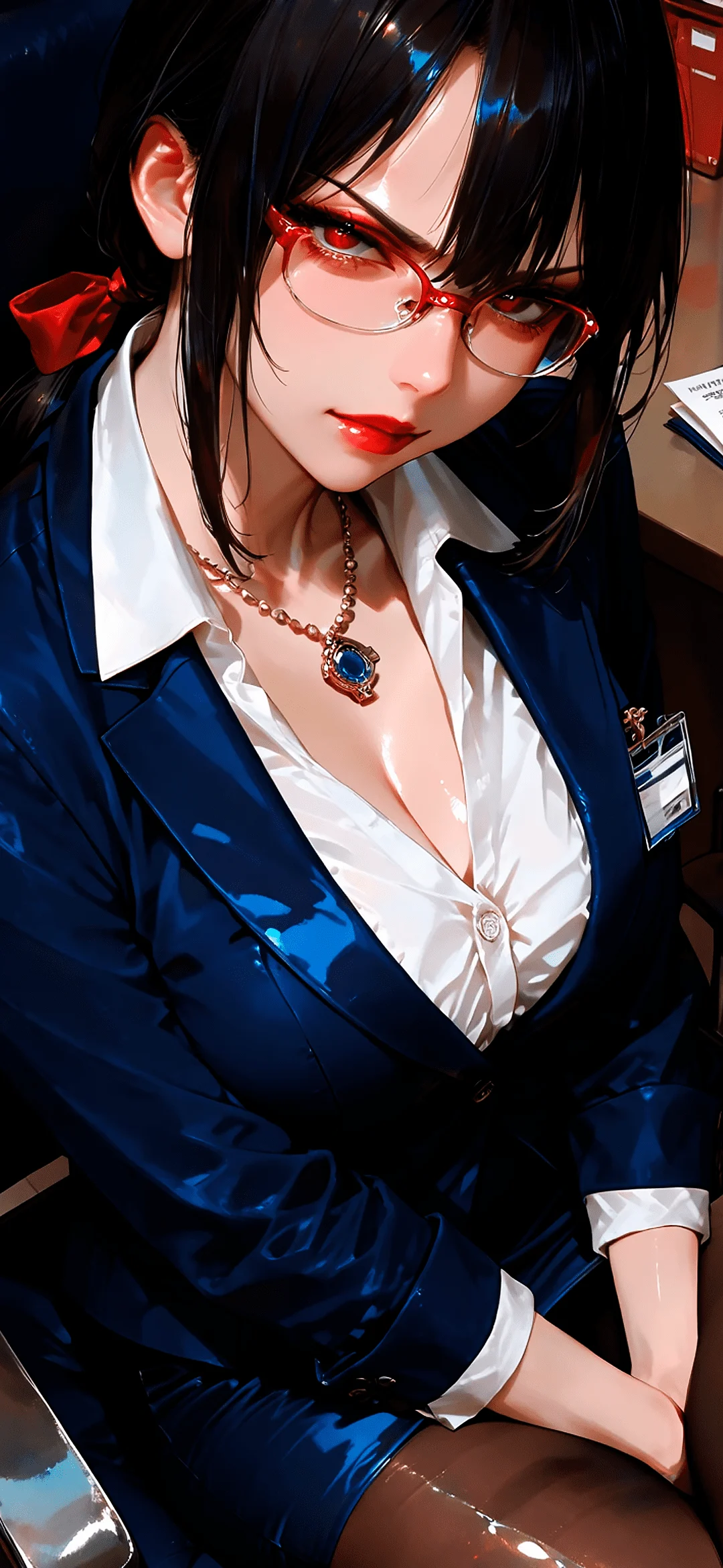 Anime MILF with long hair and glowing red eyes looking confidently at the viewer on a stylish background