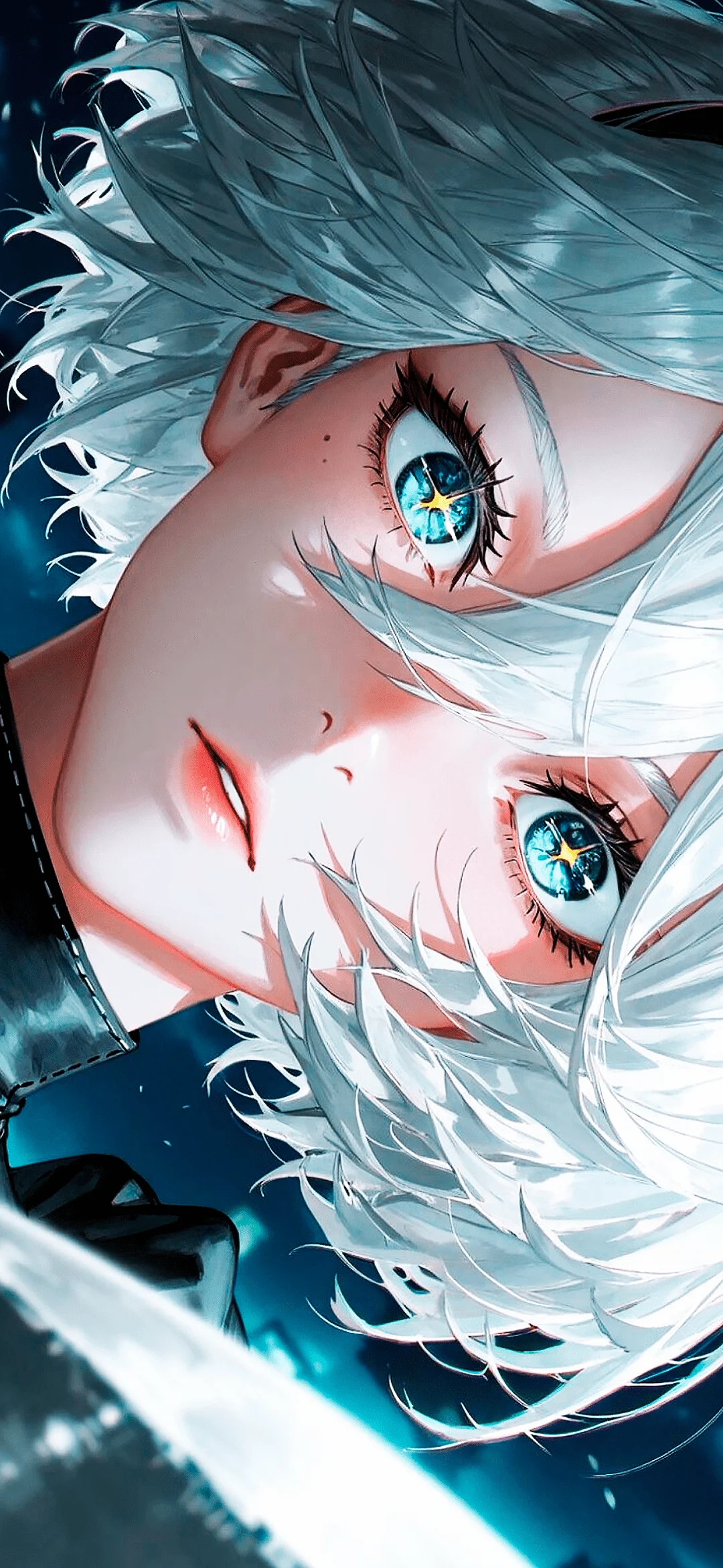 Close-up portrait of an anime girl with colorful hair, large eyes, and a lively expression on a soft background