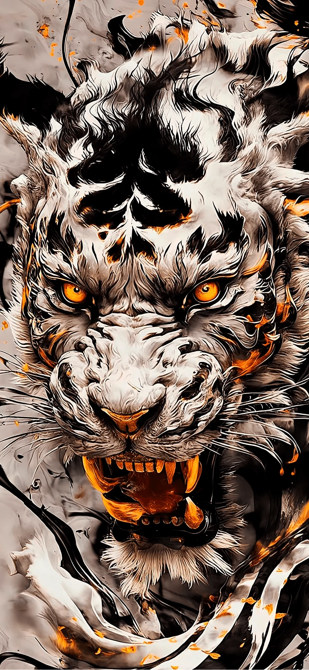Artistic illustration of a tiger with vibrant orange stripes and intense gaze on a creative background