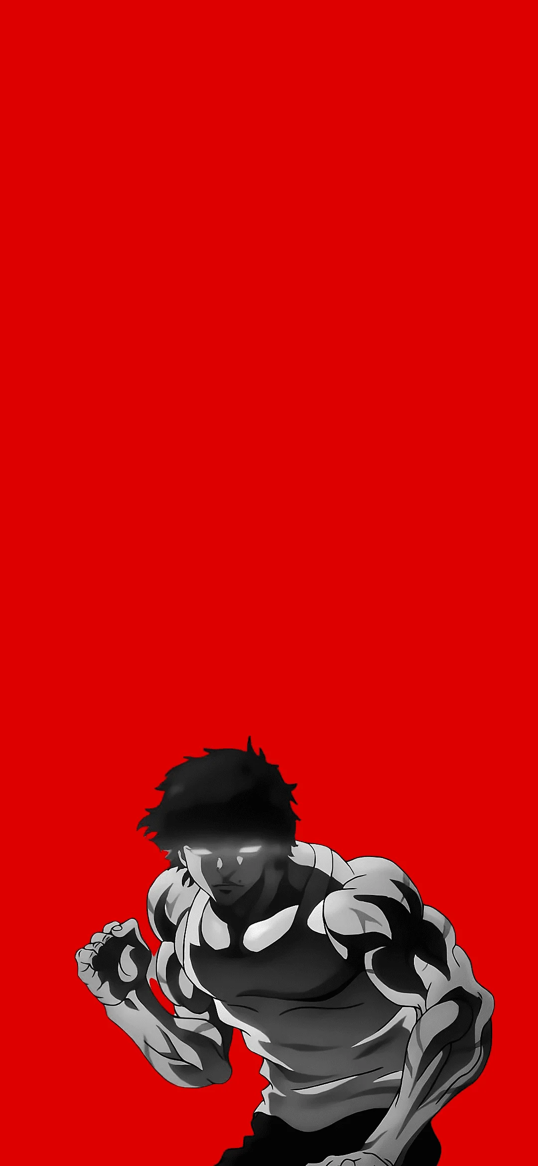 Baki Hanma in a fighting stance with intense expression and muscular build, ready for battle