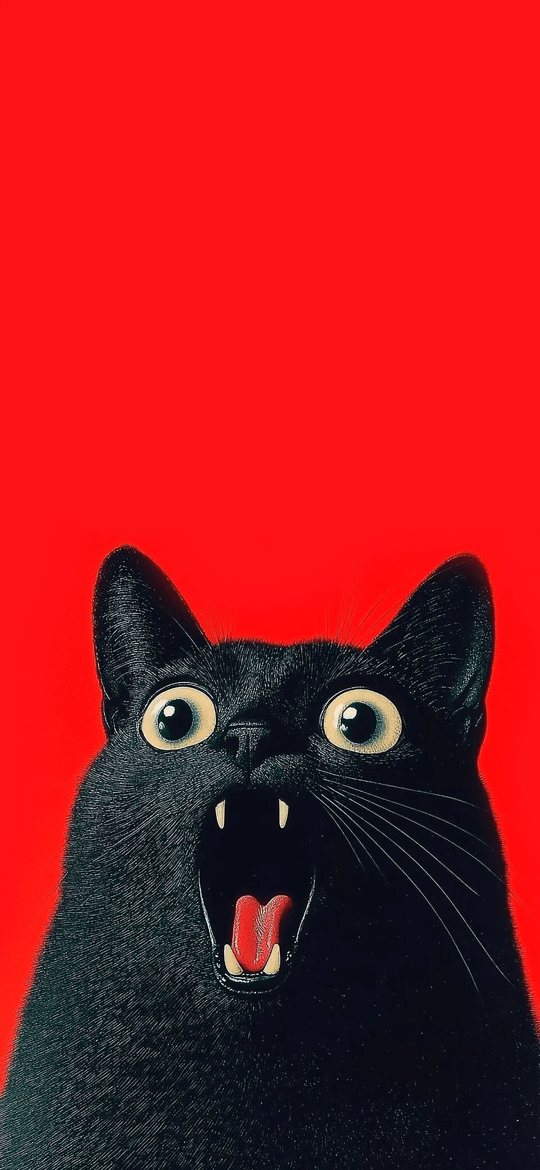 Black cat sitting gracefully on a bright red background, elegant and minimalistic style