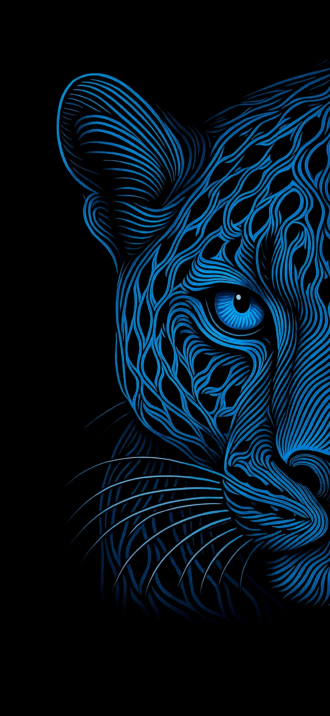 Blue tiger portrait with intense blue stripes and bright eyes against a dramatic background