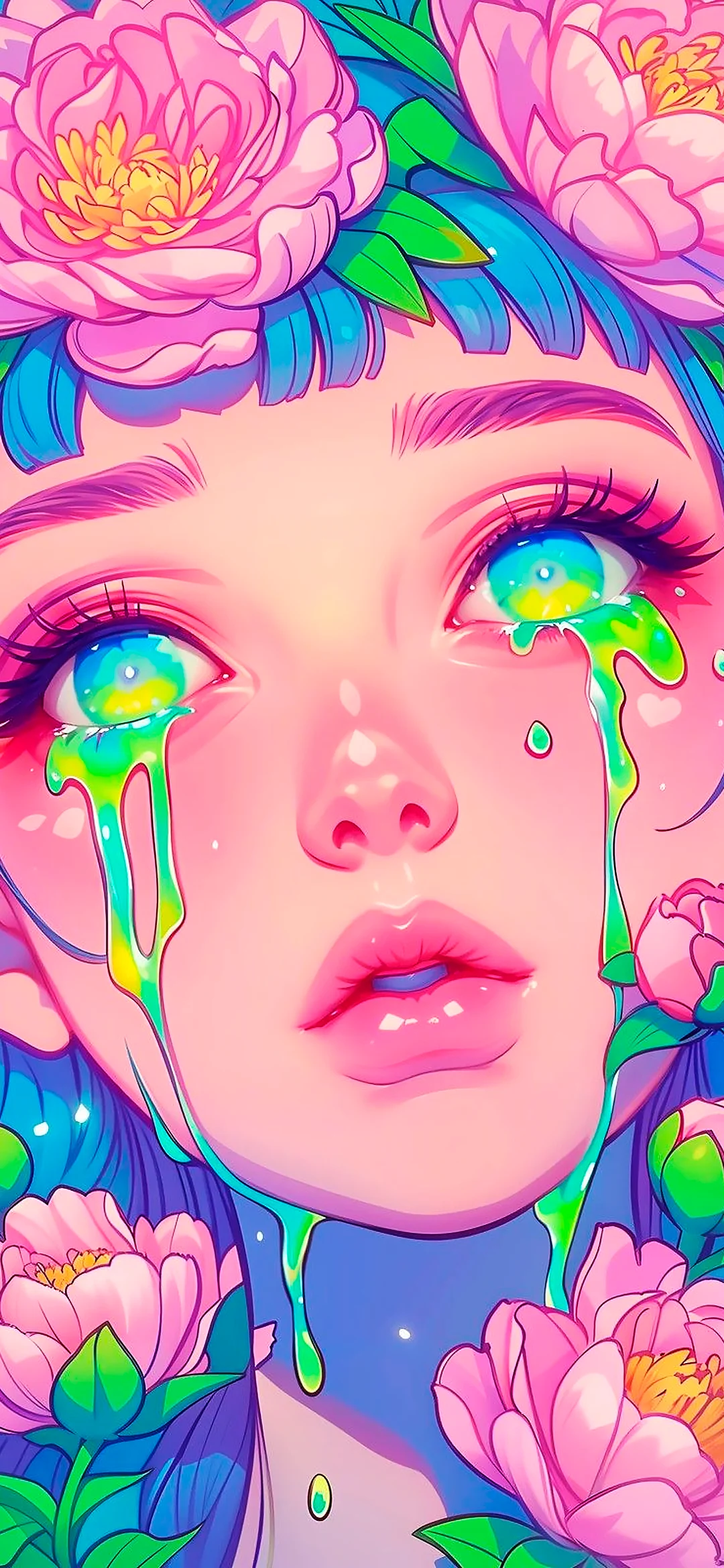 Crying anime girl in flowers