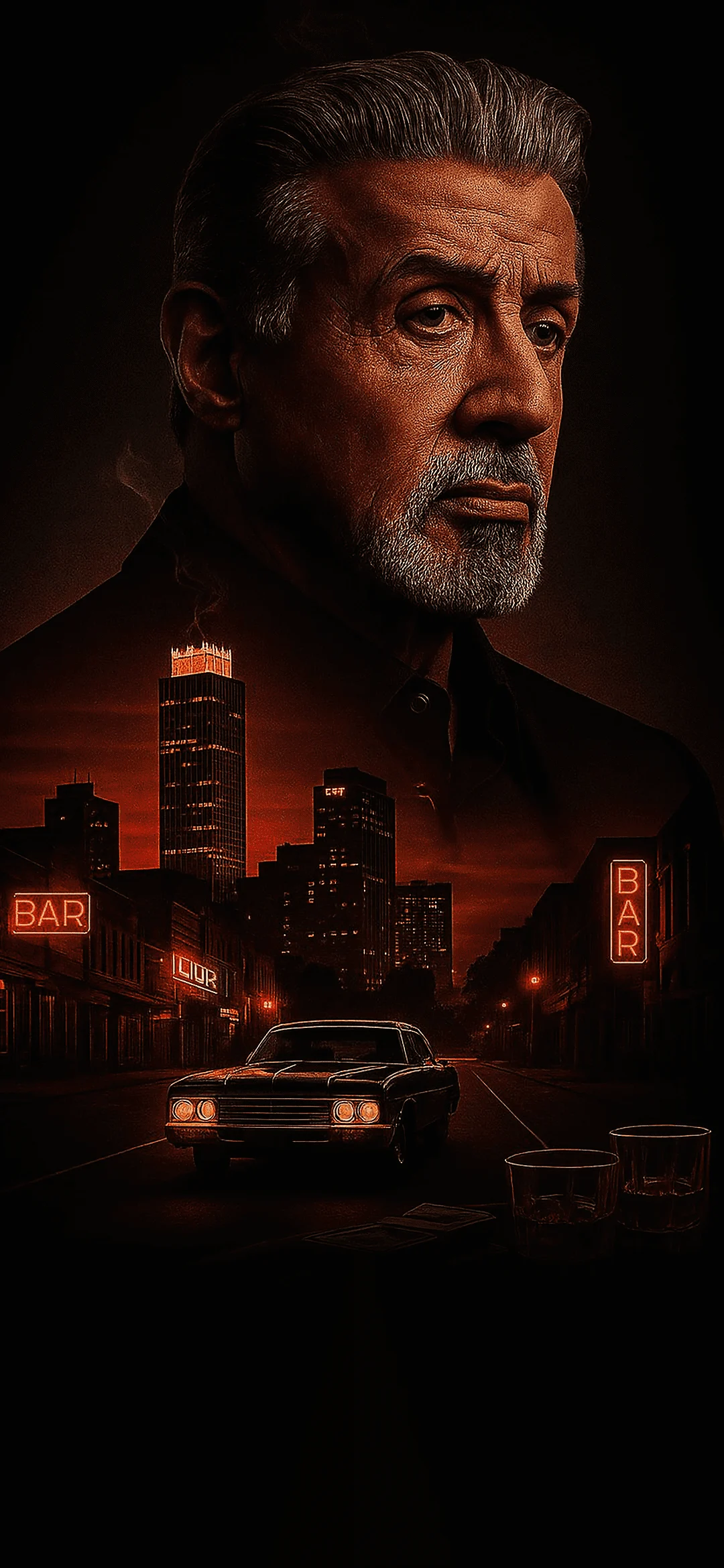 Sylvester Stallone as Dwight "The General" Manfredi from Tulsa King in a serious mobster pose