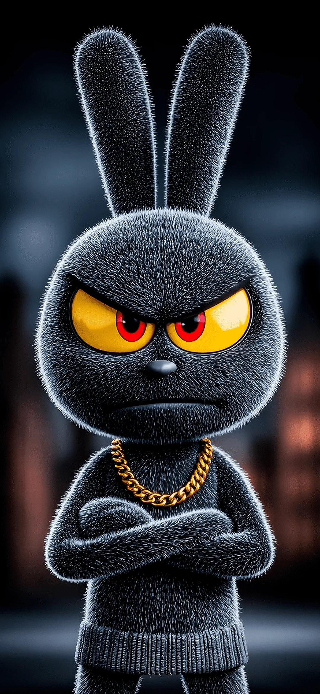 Evil-looking hare with sharp eyes, grinning, and wearing a golden chain around its neck on a dark background