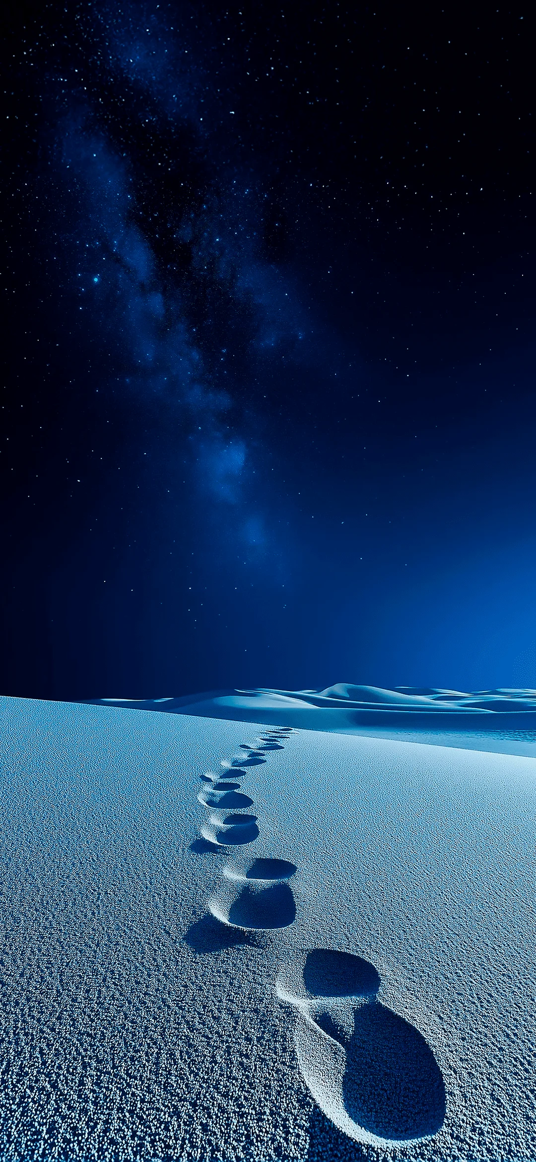 Footprints in a patch of white snow floating in outer space with stars and nebulae in the background