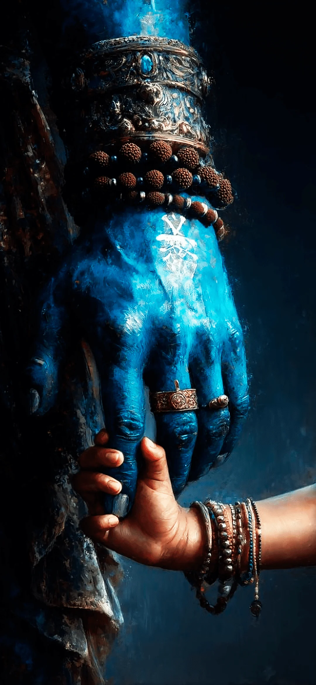 Hands of Lord Krishna gently holding or blessing the hands of a child in soft, peaceful light
