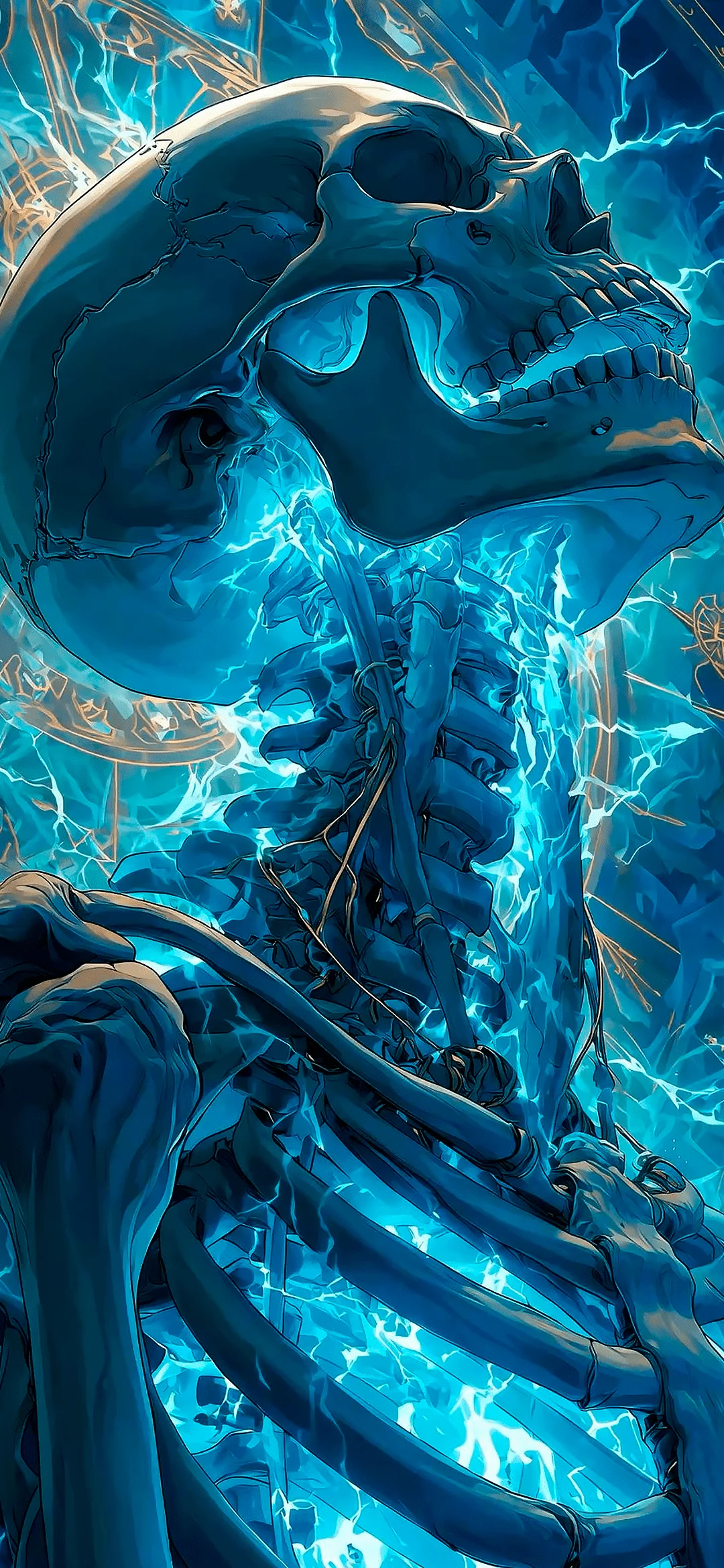 Human skeleton glowing with a blue aura on dark background for mysterious and fantasy wallpaper