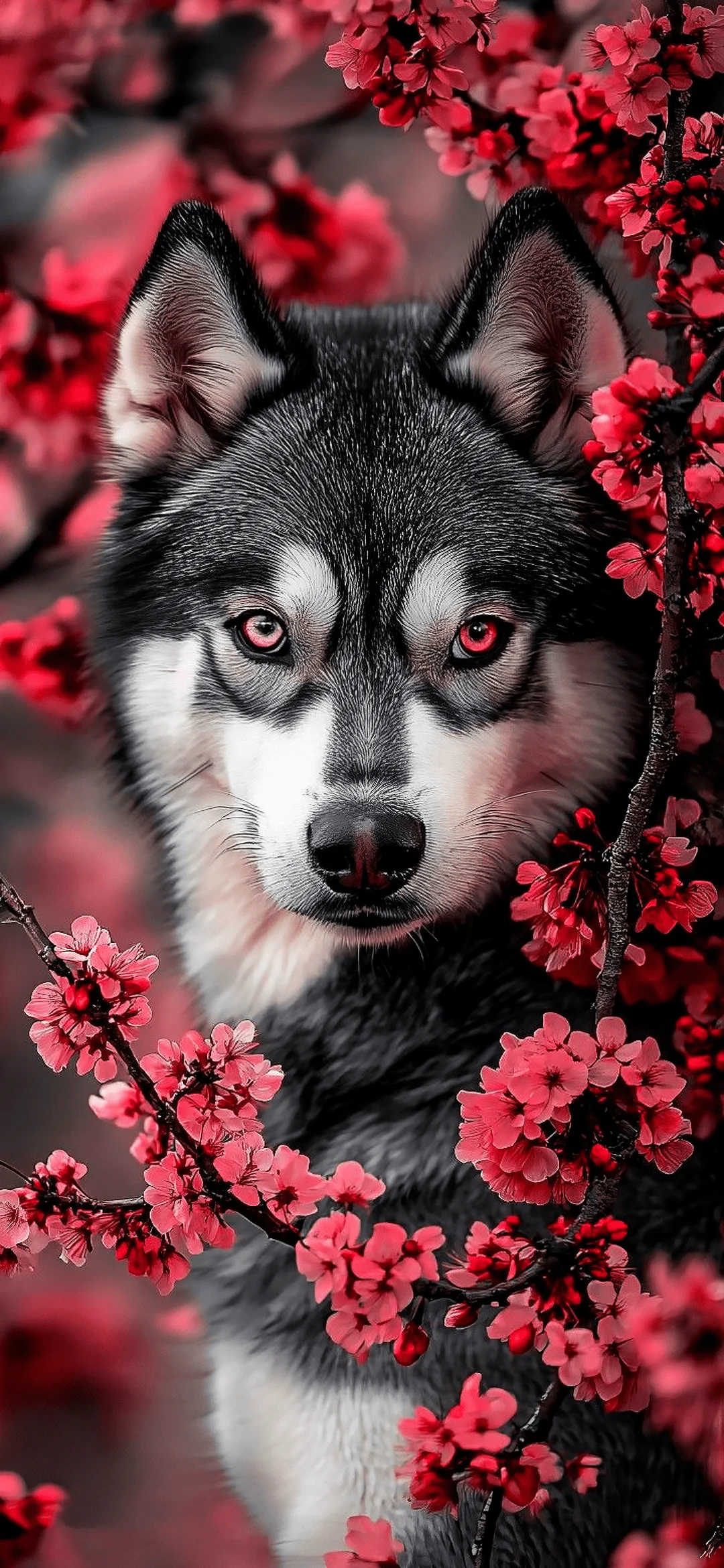 husky in pink flowers wallpaper hd – beautiful dog floral art background