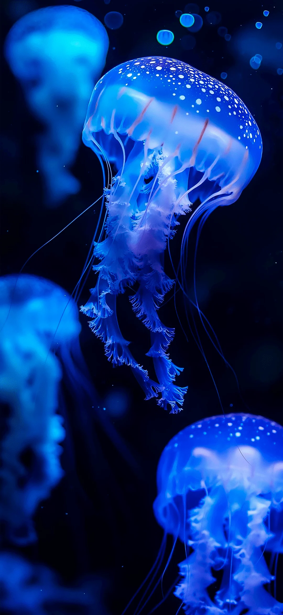 Jellyfish floating peacefully in clear blue water with visible tentacles and soft light