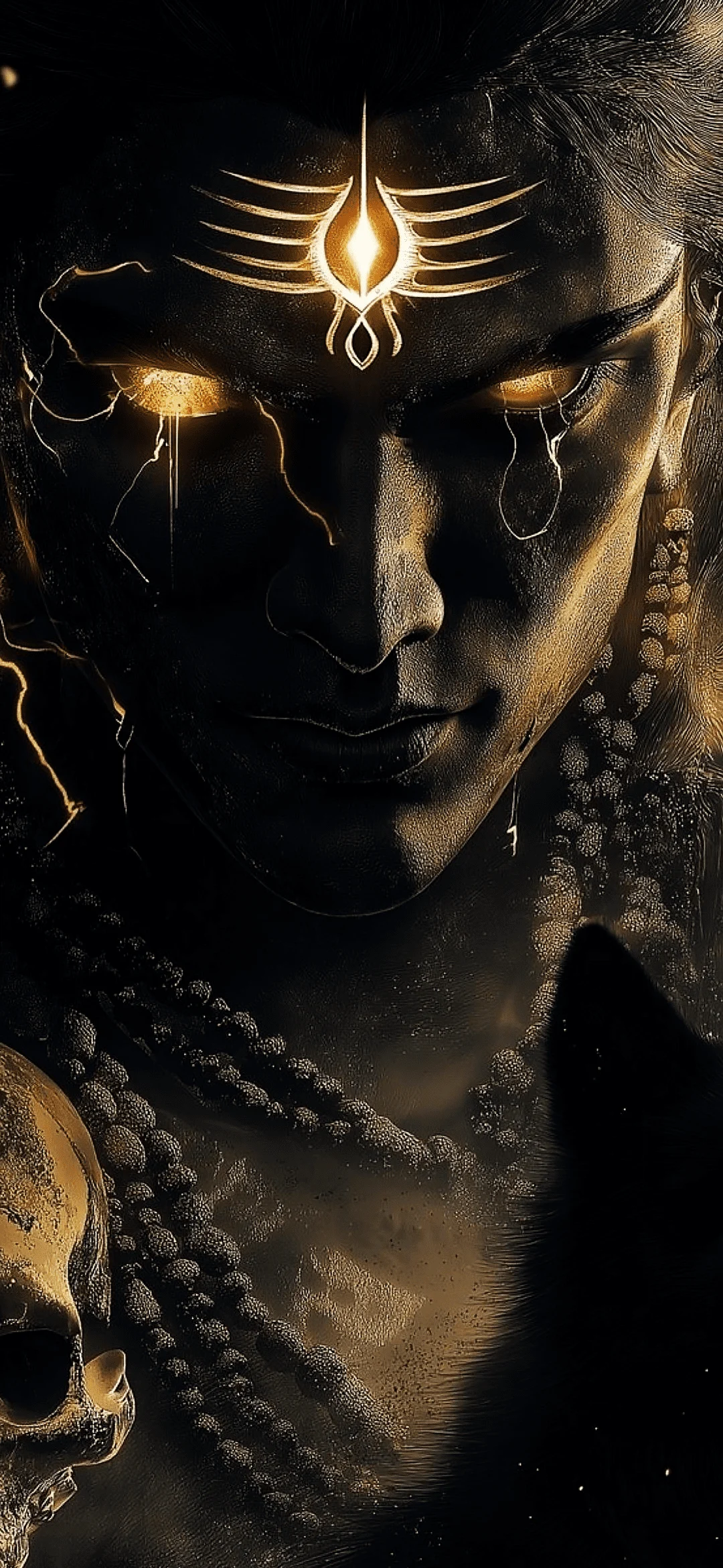 Lord Krishna with a peaceful expression, glowing golden aura around him, and traditional attire in a divine scene