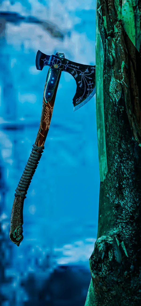 Leviathan Axe from God of War with glowing blue runes, intricate carvings on the blade, and a wooden handle, set against a frosty Norse background
