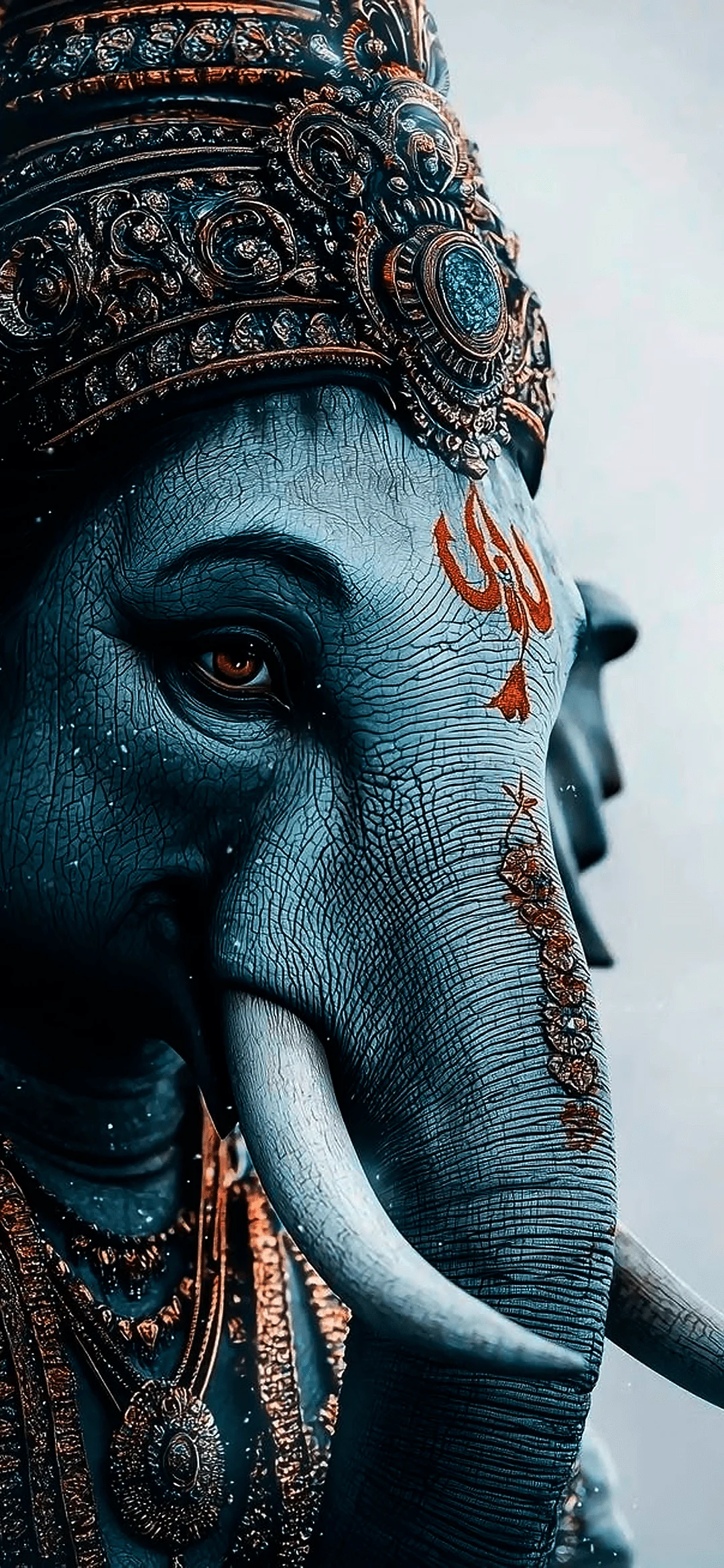 Lord Ganesha with elephant head, four arms, holding a modak and an axe, adorned with a golden crown and jewelry against a vibrant background