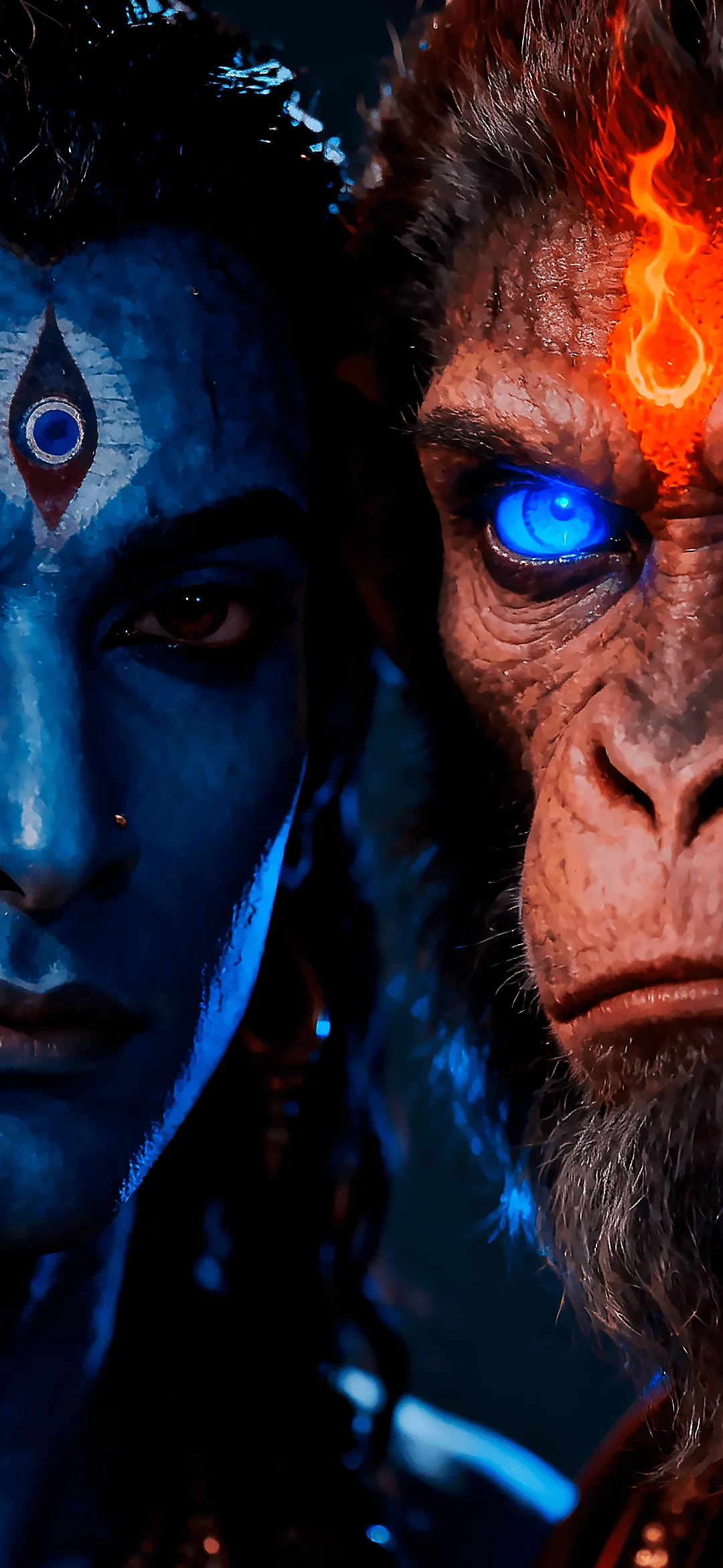 Lord Krishna playing the flute with Lord Hanuman bowing in devotion beside him, set against a radiant and holy background