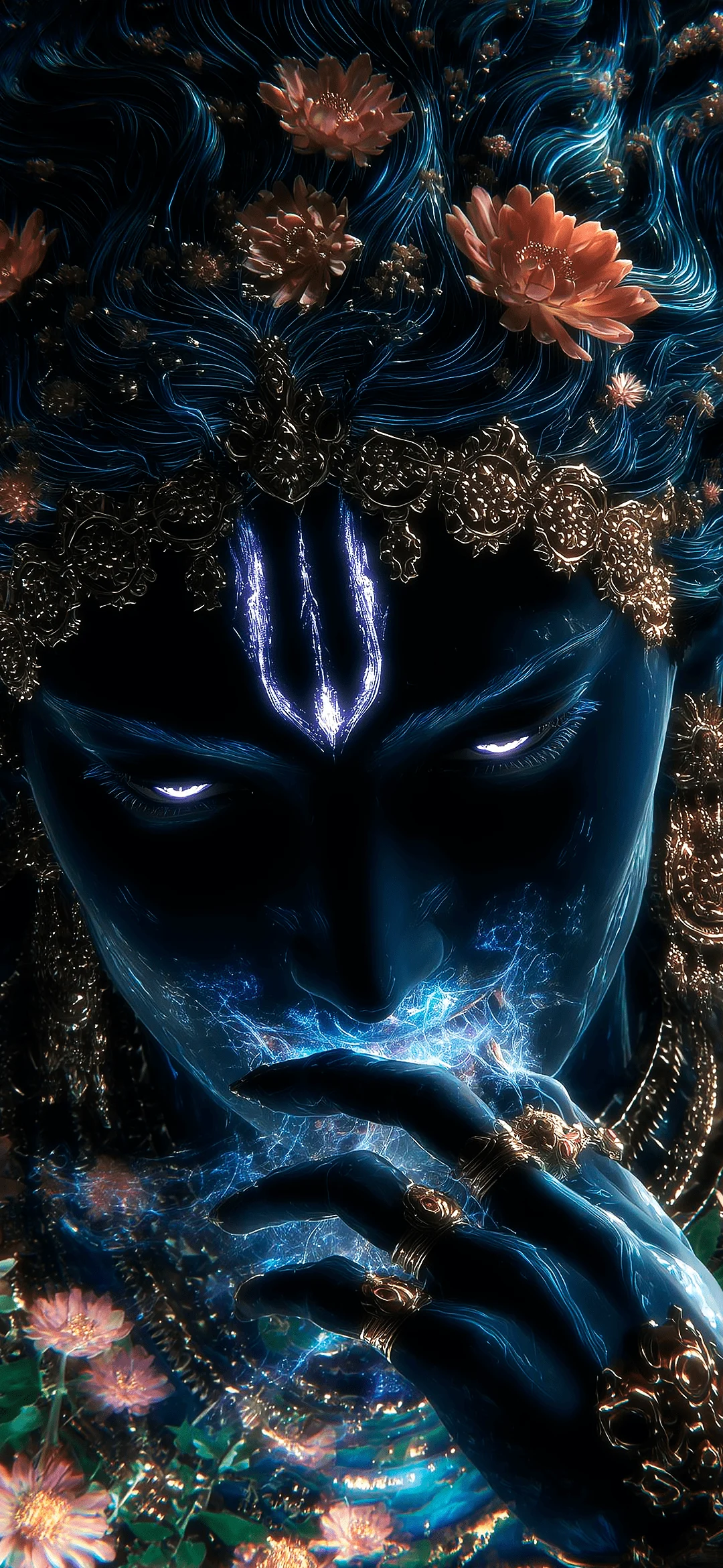 Lord Krishna with flute in hand, blue skin, and peacock feather crown in a divine, peaceful setting