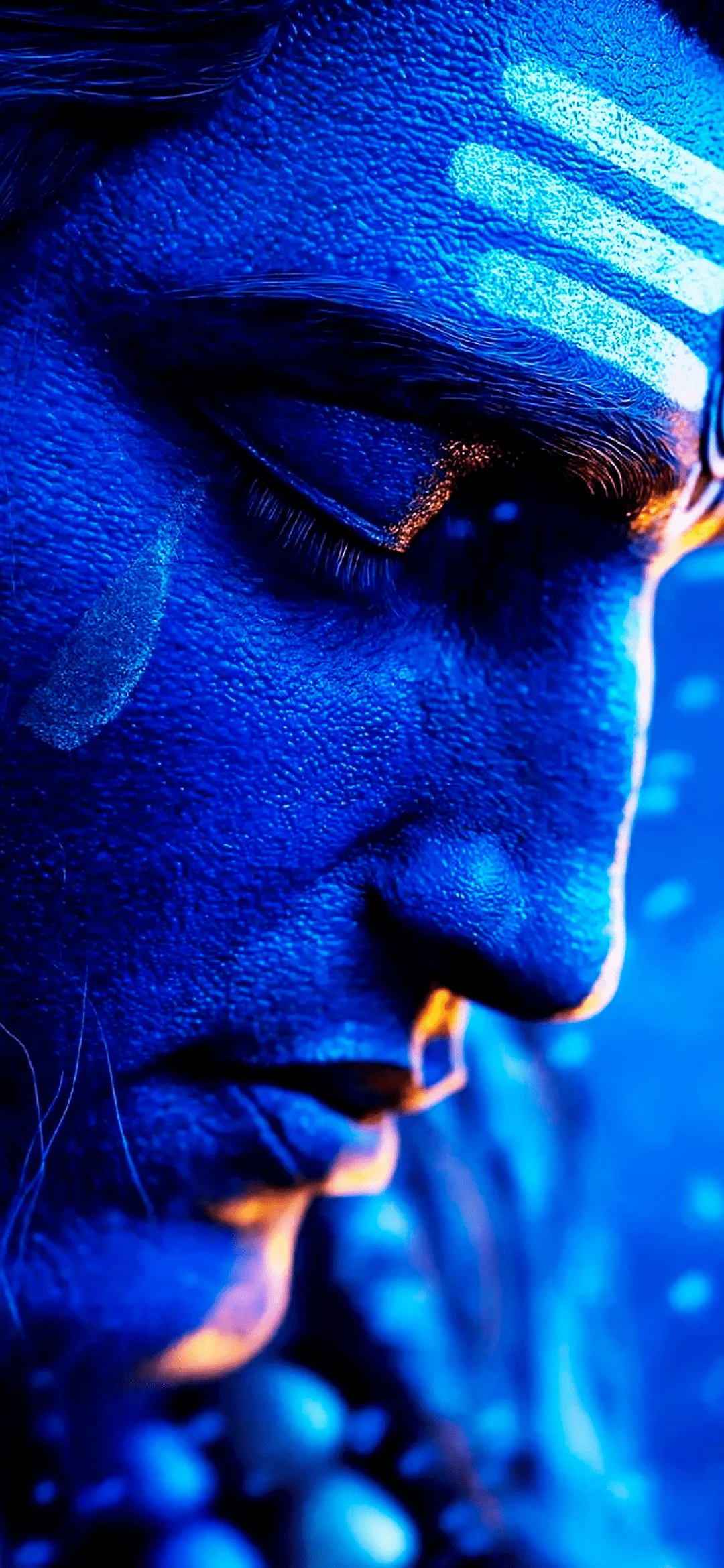 Portrait of Lord Mahadev with blue throat, third eye, and trident, surrounded by a mystical aura