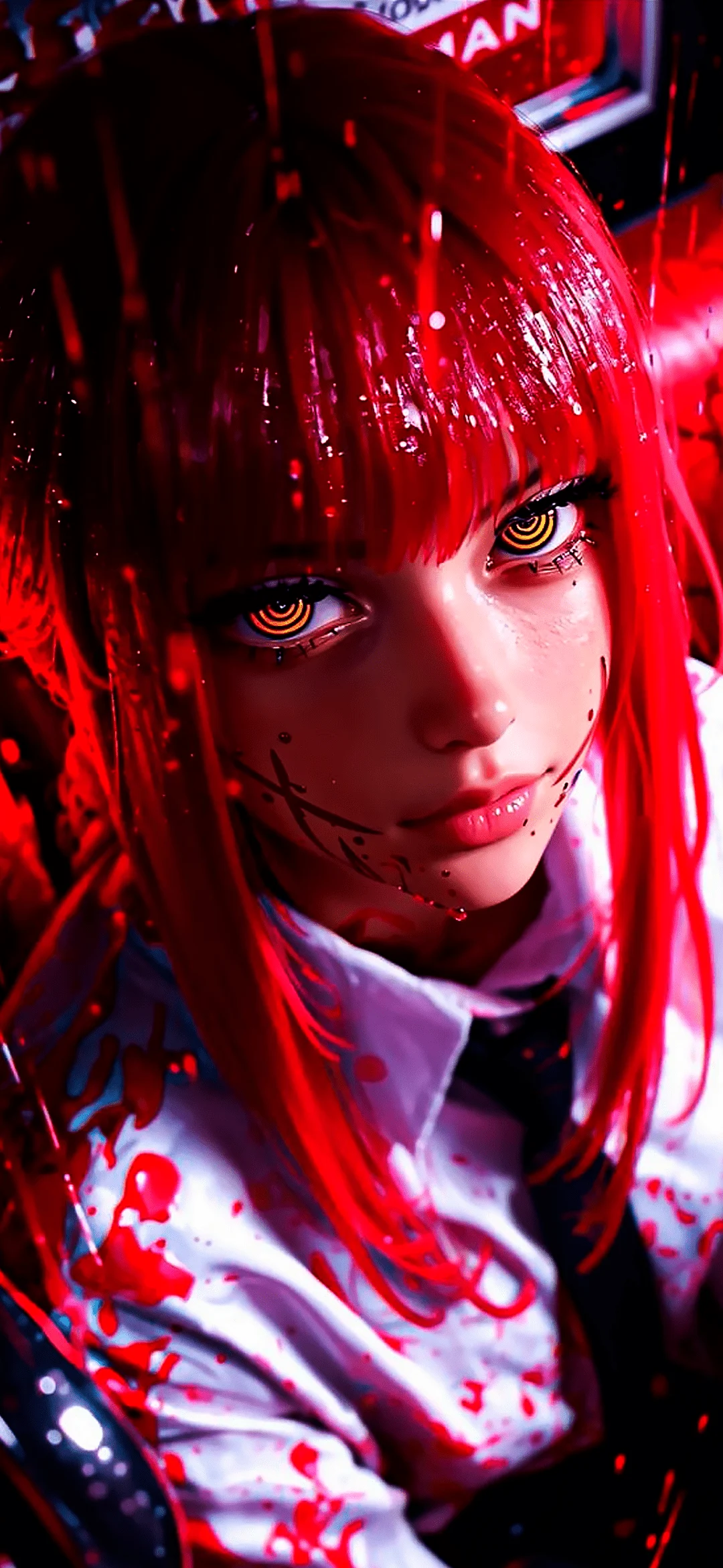 Makima from Chainsaw Man with her light red hair in a braid, piercing yellow and red ringed eyes, and wearing her black Public Safety coat with a confident, mysterious smile