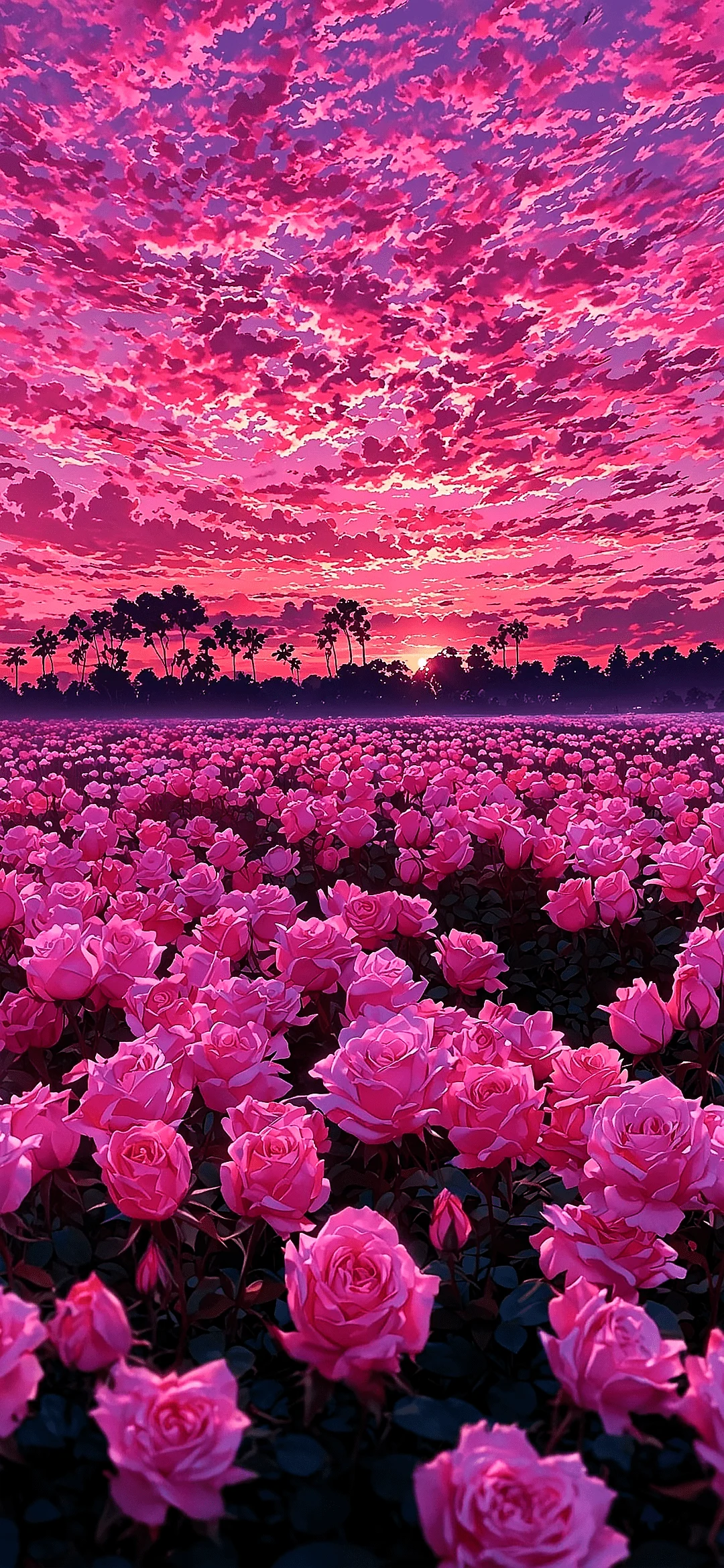 Pink roses blooming in a field with a pastel pink sky above, creating a dreamy and romantic atmosphere