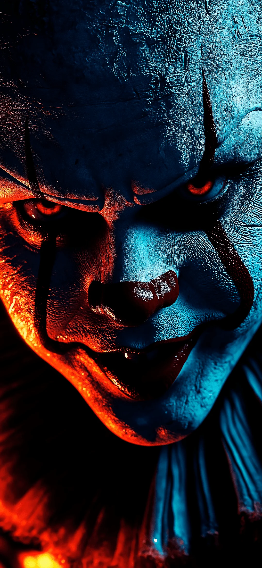 Portrait of Pennywise the clown with evil grin, white face, and red hair on a dark background