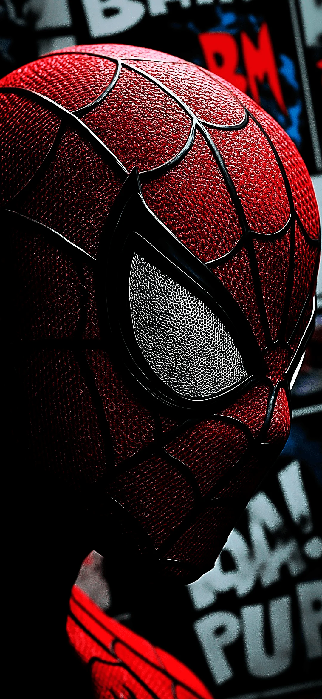 Portrait of Spiderman in red and blue mask with white eyes, ready for action on a city background