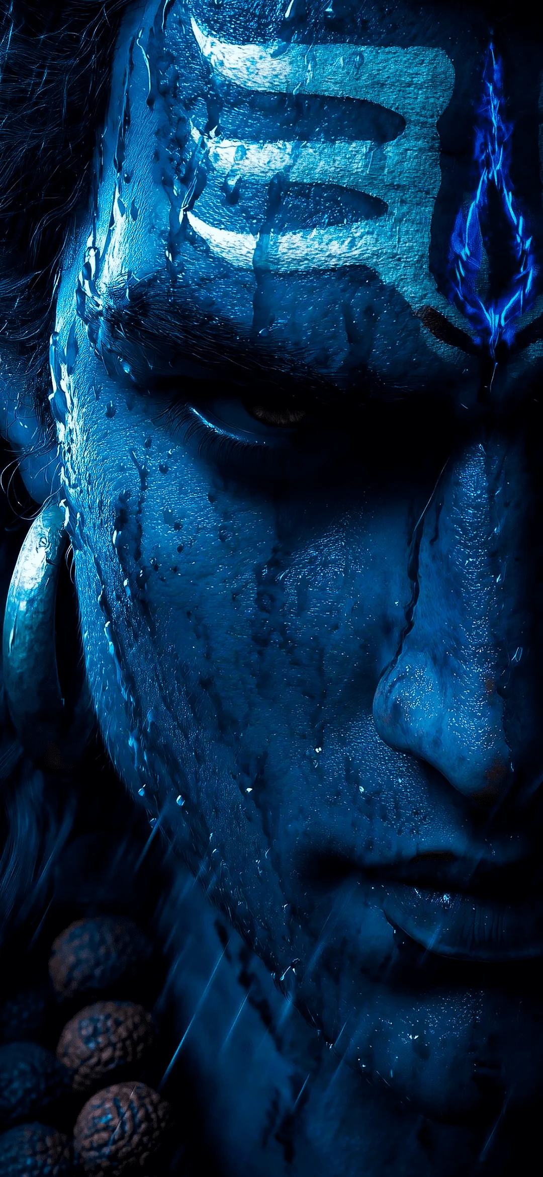 Portrait of Lord Shiva with blue skin, third eye, flowing hair, and tranquil expression in sacred style