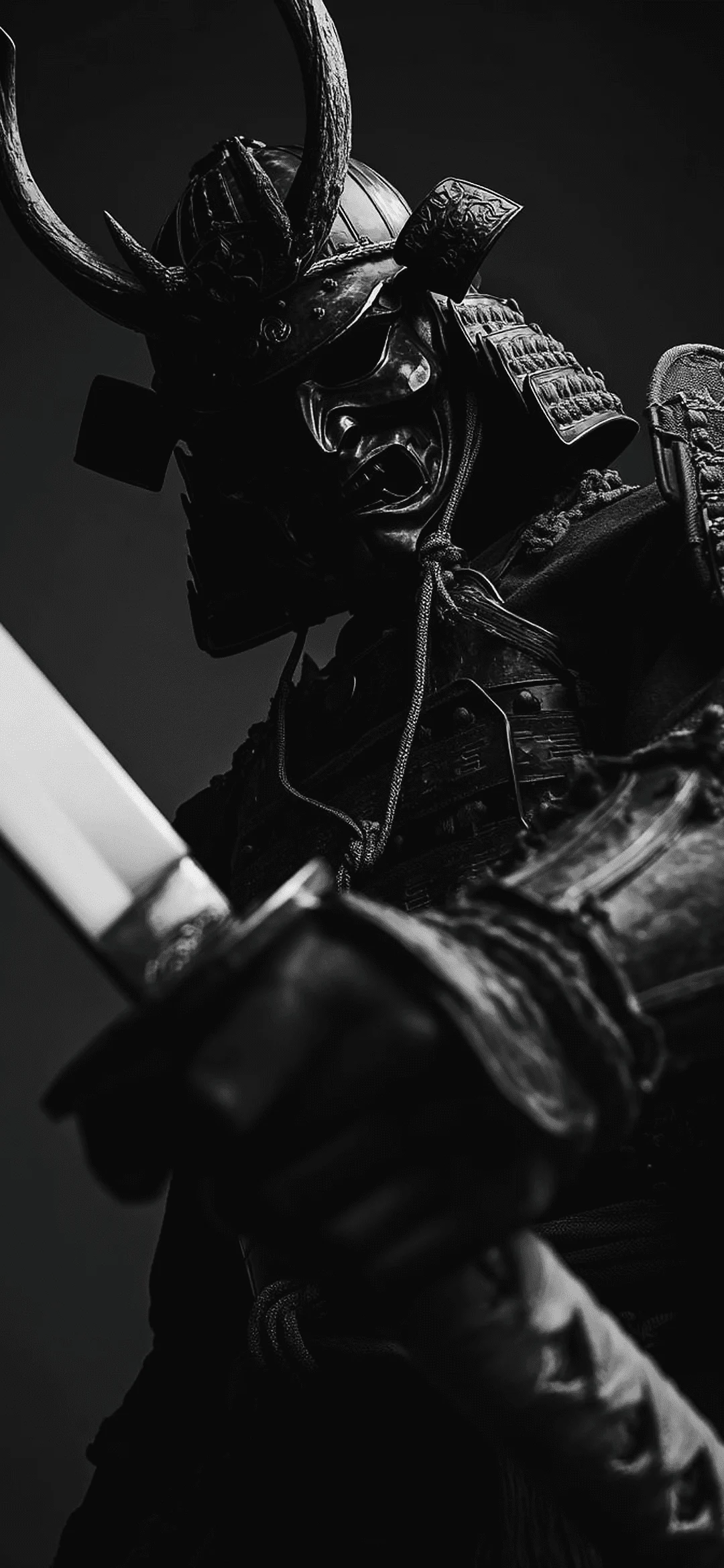 Samurai with katana standing in traditional armor in a dramatic battle pose