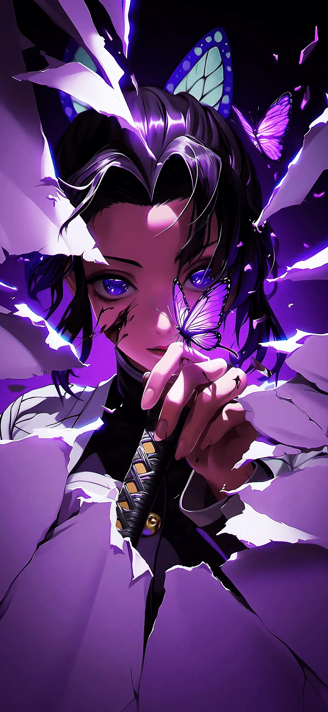 Shinobu Kocho in purple-themed artwork, with long dark hair, butterfly motif, and serene expression from Demon Slayer