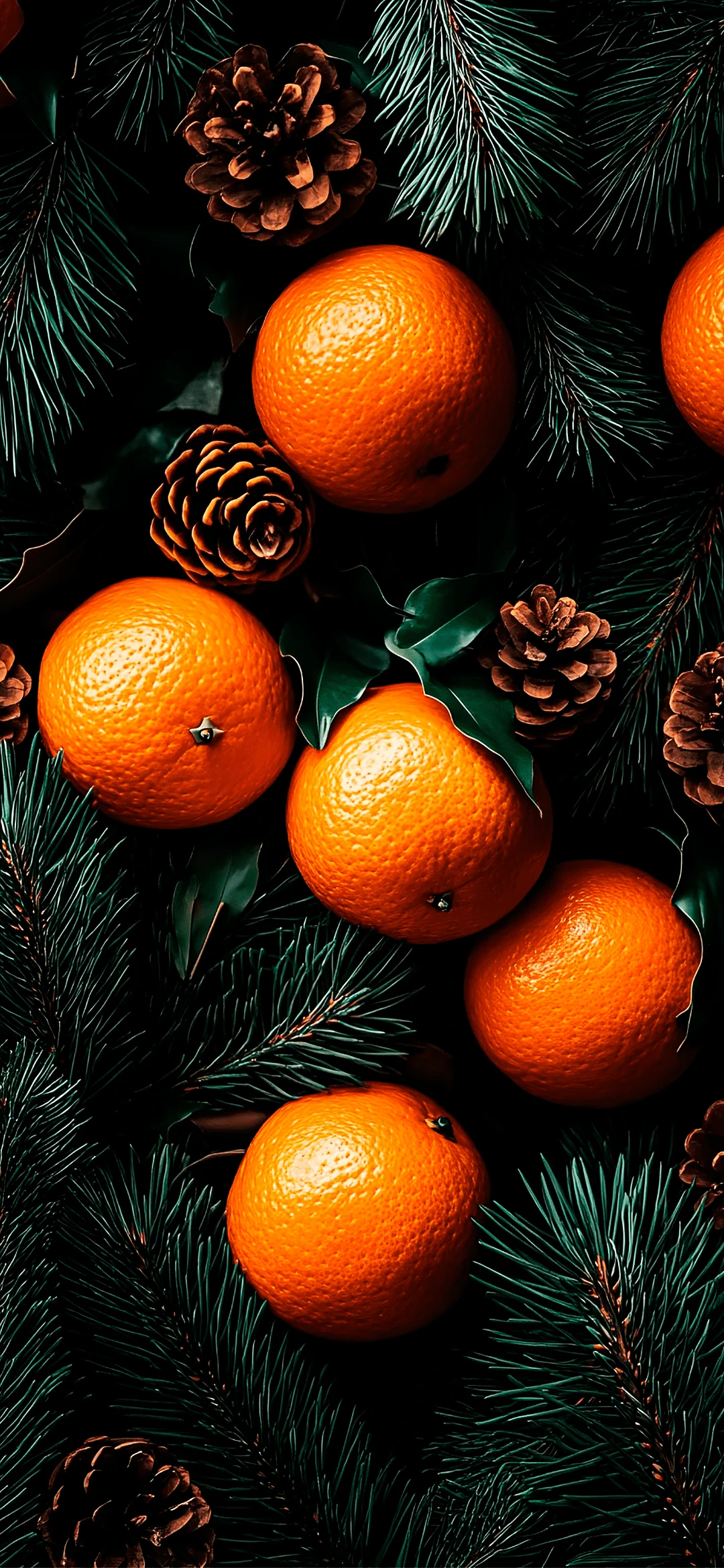 Tangerines arranged in front of a decorated Christmas tree with lights and ornaments